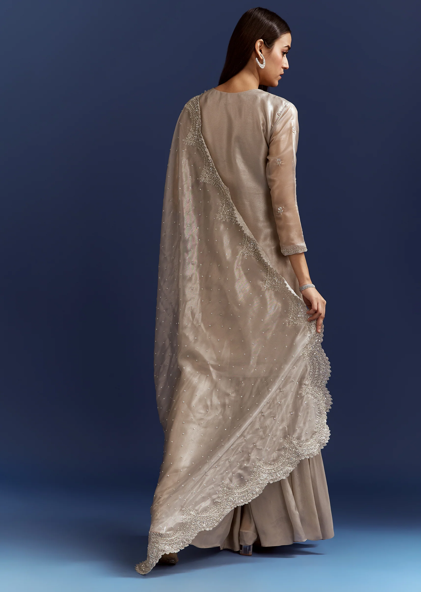 Grey Cutdana And Sequins Kurta With Stone Work Dupatta In Tissue - Image 6