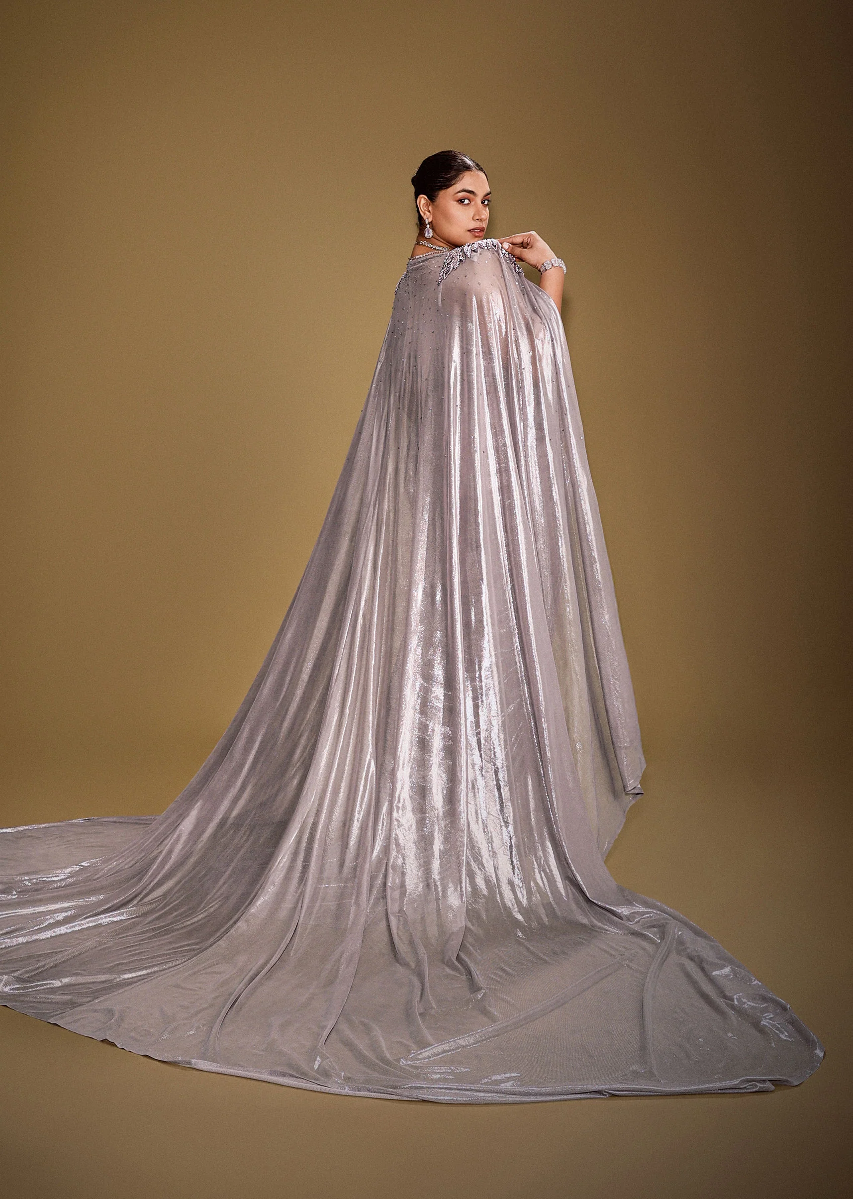 Grey Draped Corset Gown With Embroidered Cape In Net Fabric - Image 5