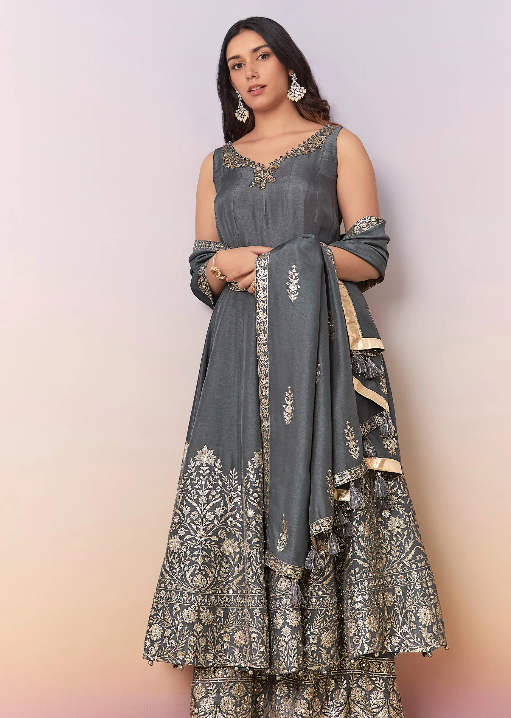 Grey Embellished Anarkali Suit Set With Pant And Dupatta - Image 4
