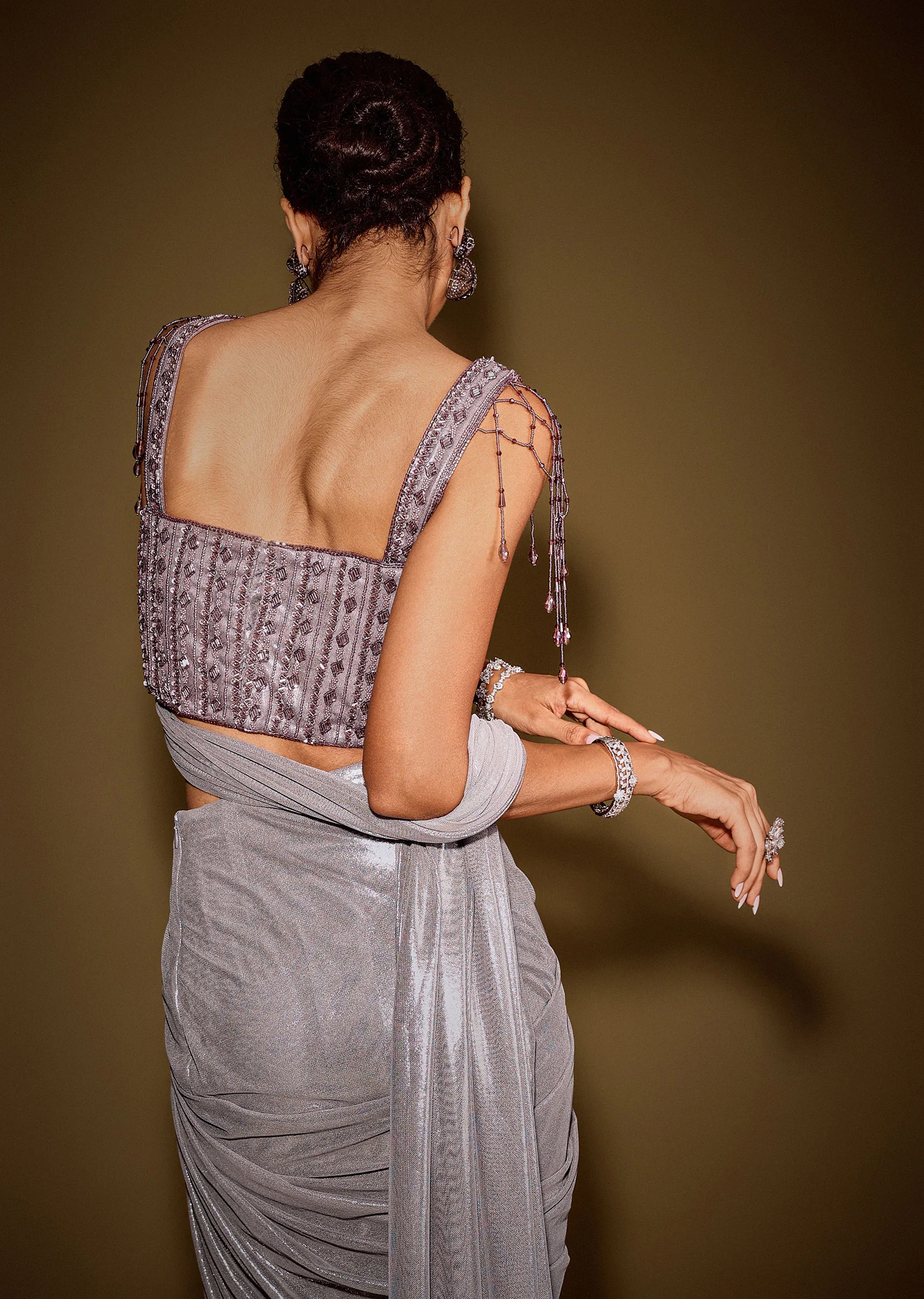 Grey Embellished Corset Blouse With Draped Saree And Tassel Detailing - Image 7