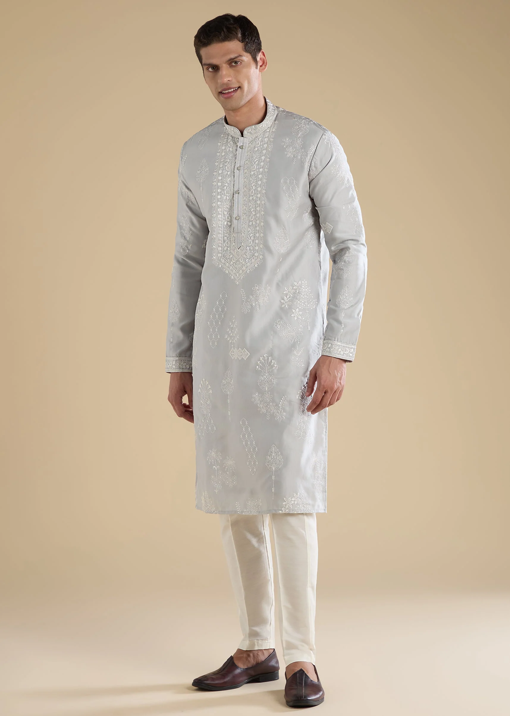 Grey Embellished Kurta Set With Pants