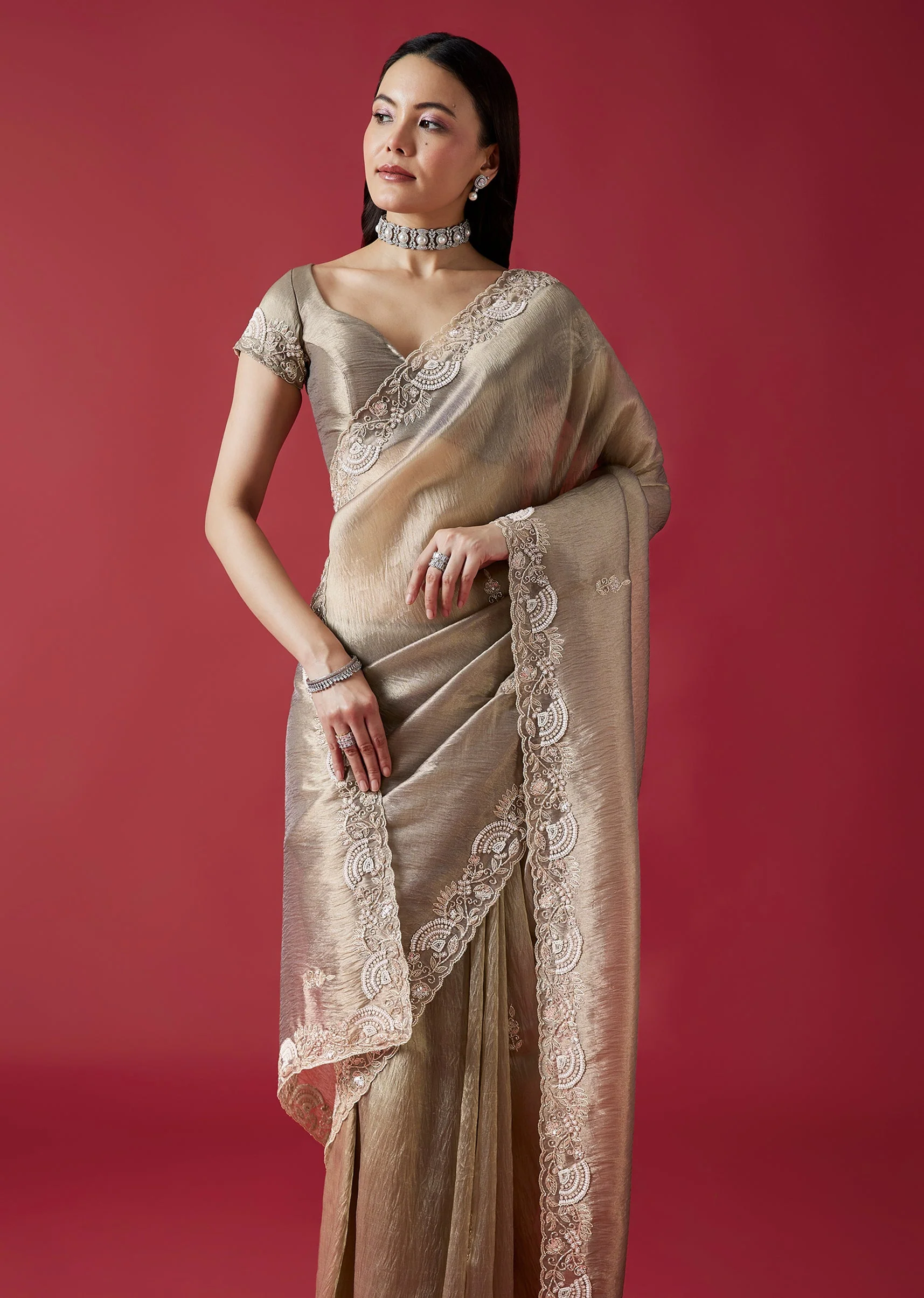 Grey Embroidered Crush Tissue Saree With Zardosi Detailing - Image 5