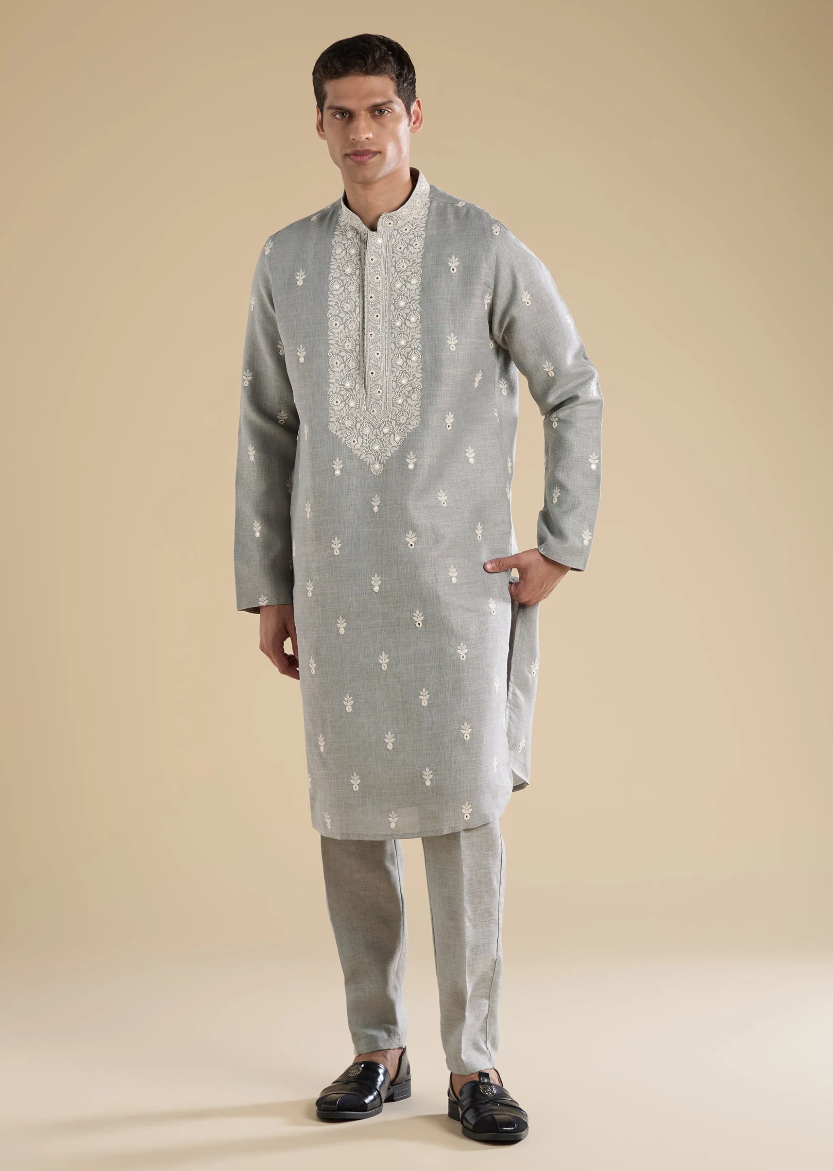 Grey Embroidered Kurta Set For Men