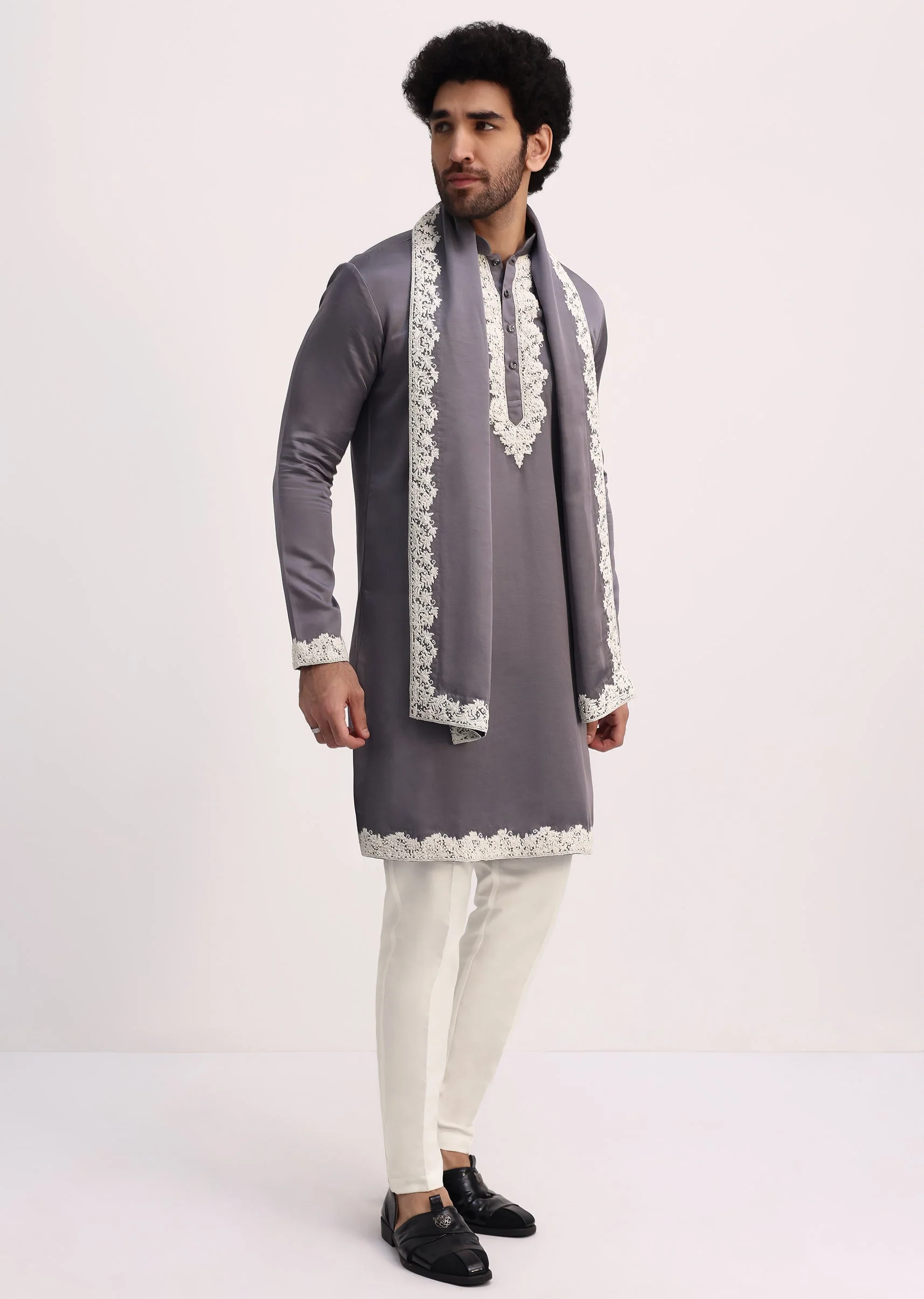 Grey Embroidered Men Kurta Set With Dupatta - Image 2