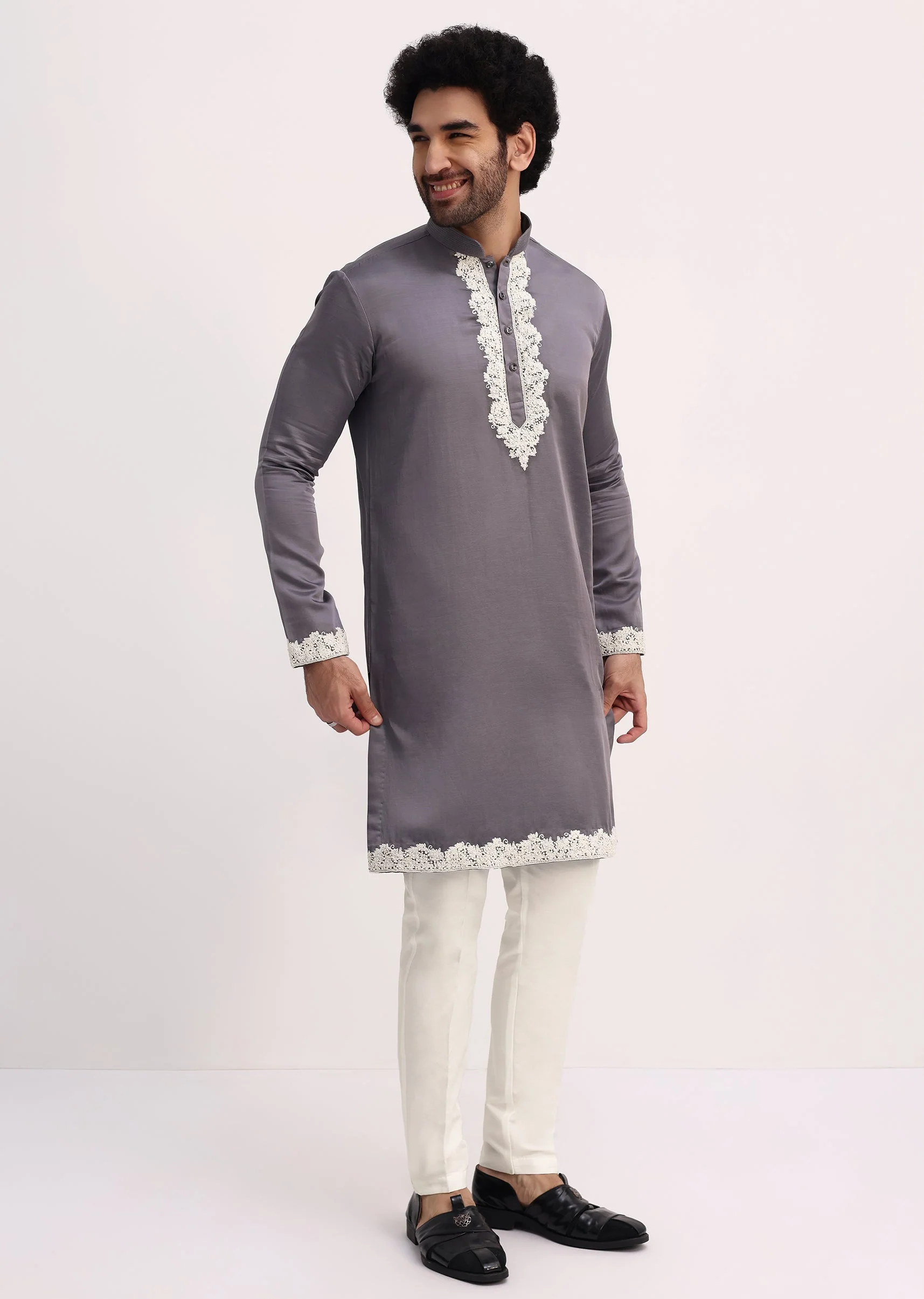 Grey Embroidered Men Kurta Set With Dupatta - Image 6