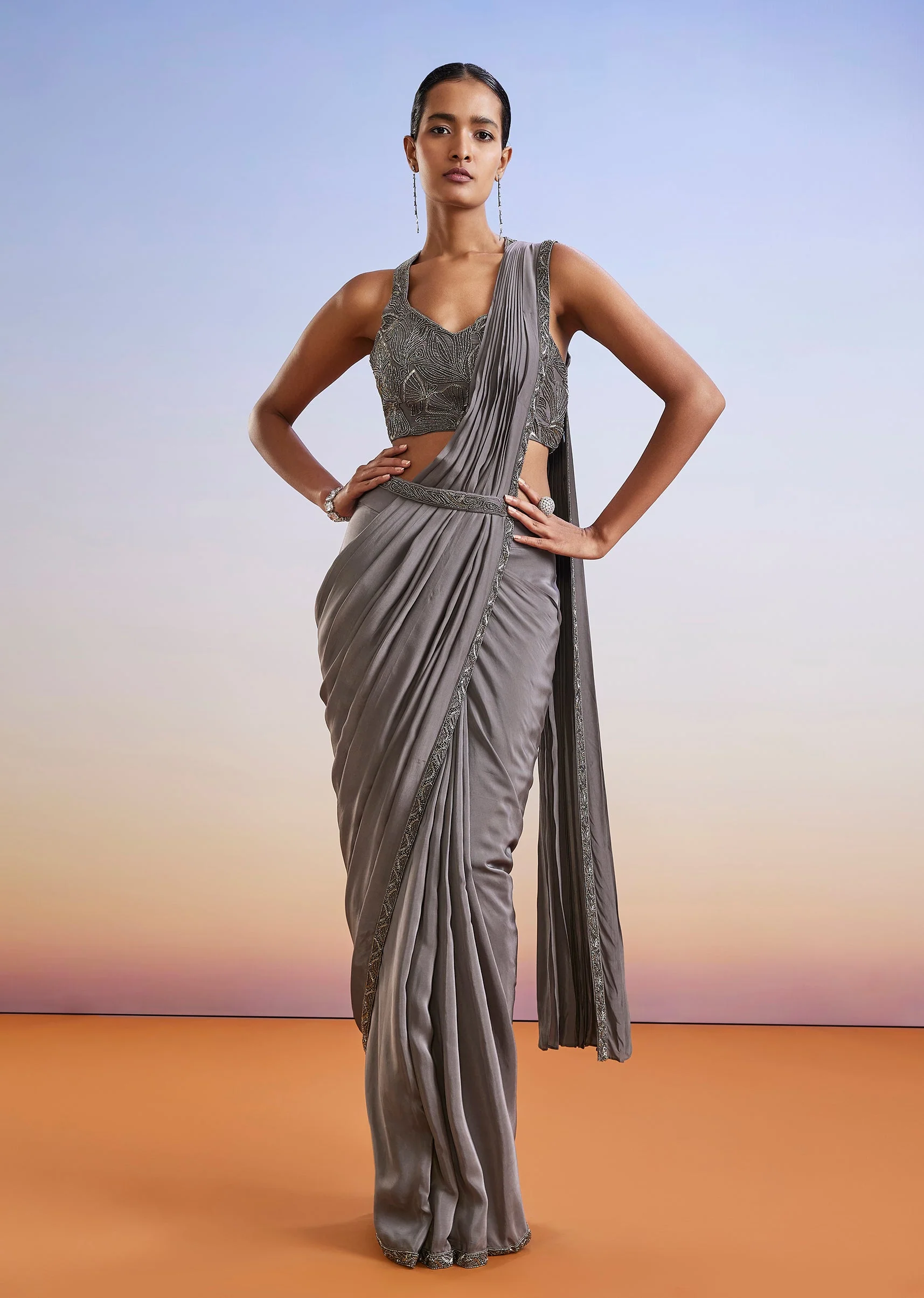Grey Embroidered Ready Pleated Saree With Blouse And Belt - Image 3