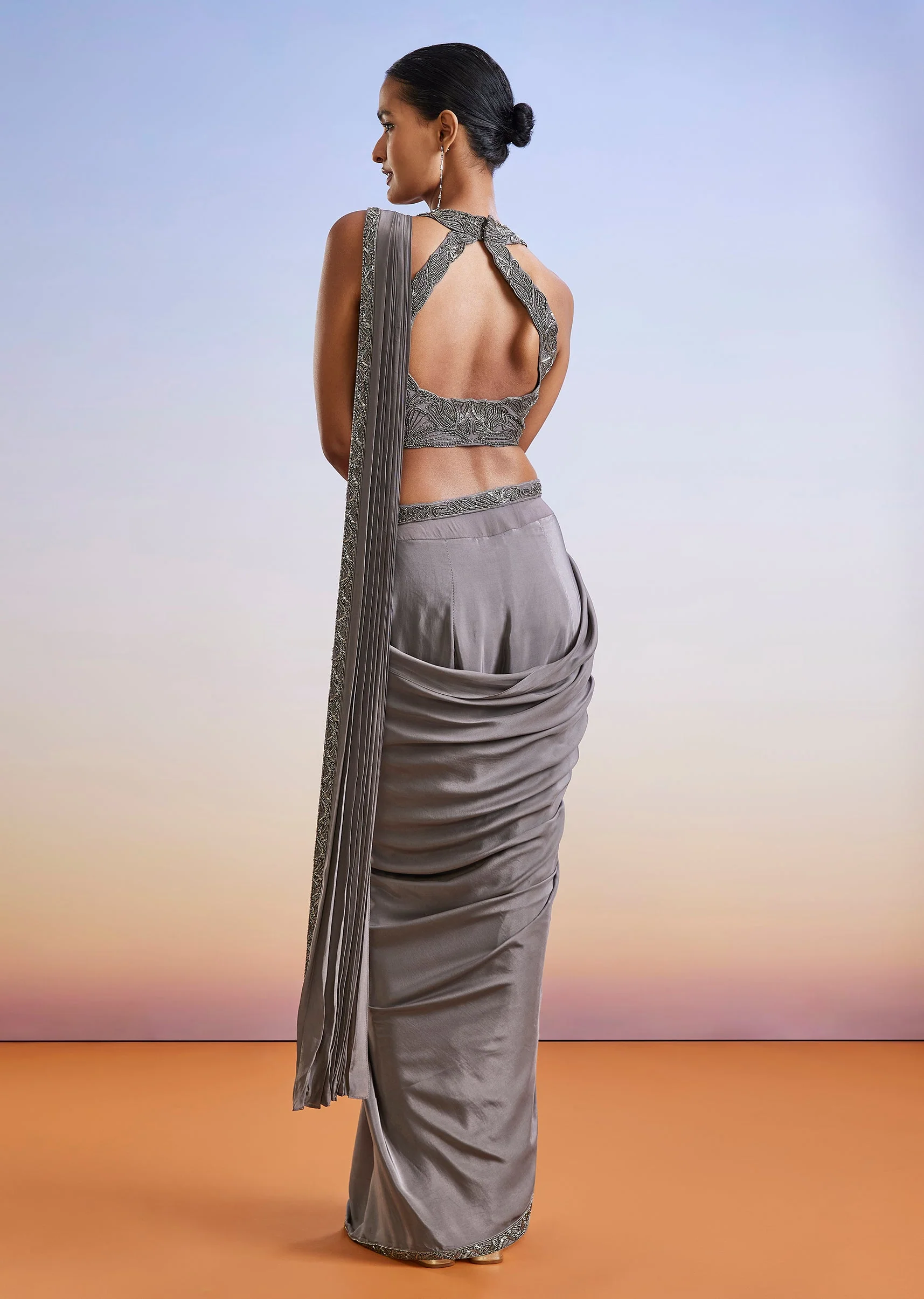 Grey Embroidered Ready Pleated Saree With Blouse And Belt - Image 5