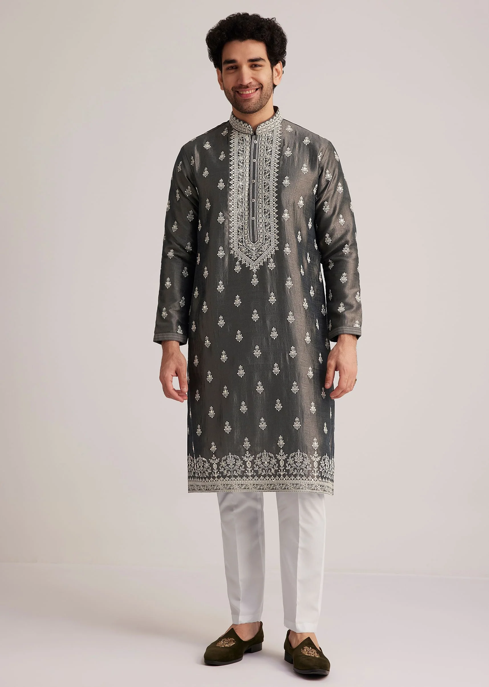 Grey Embroidered Silk Kurta Set - Image 2