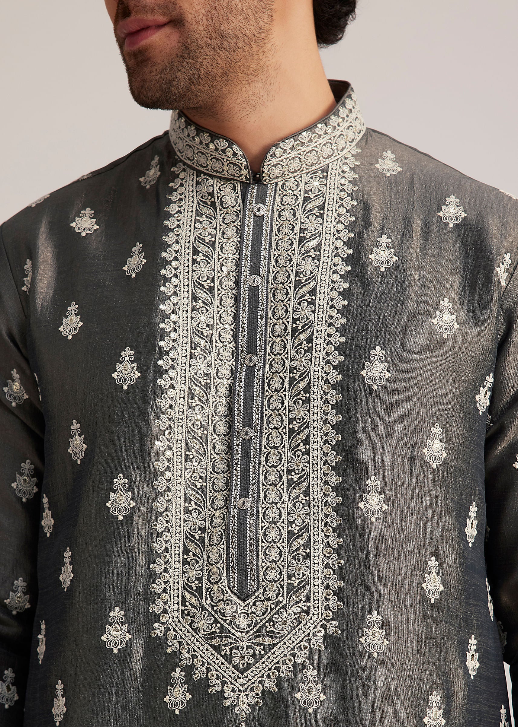 Grey Embroidered Silk Kurta Set - Image 3