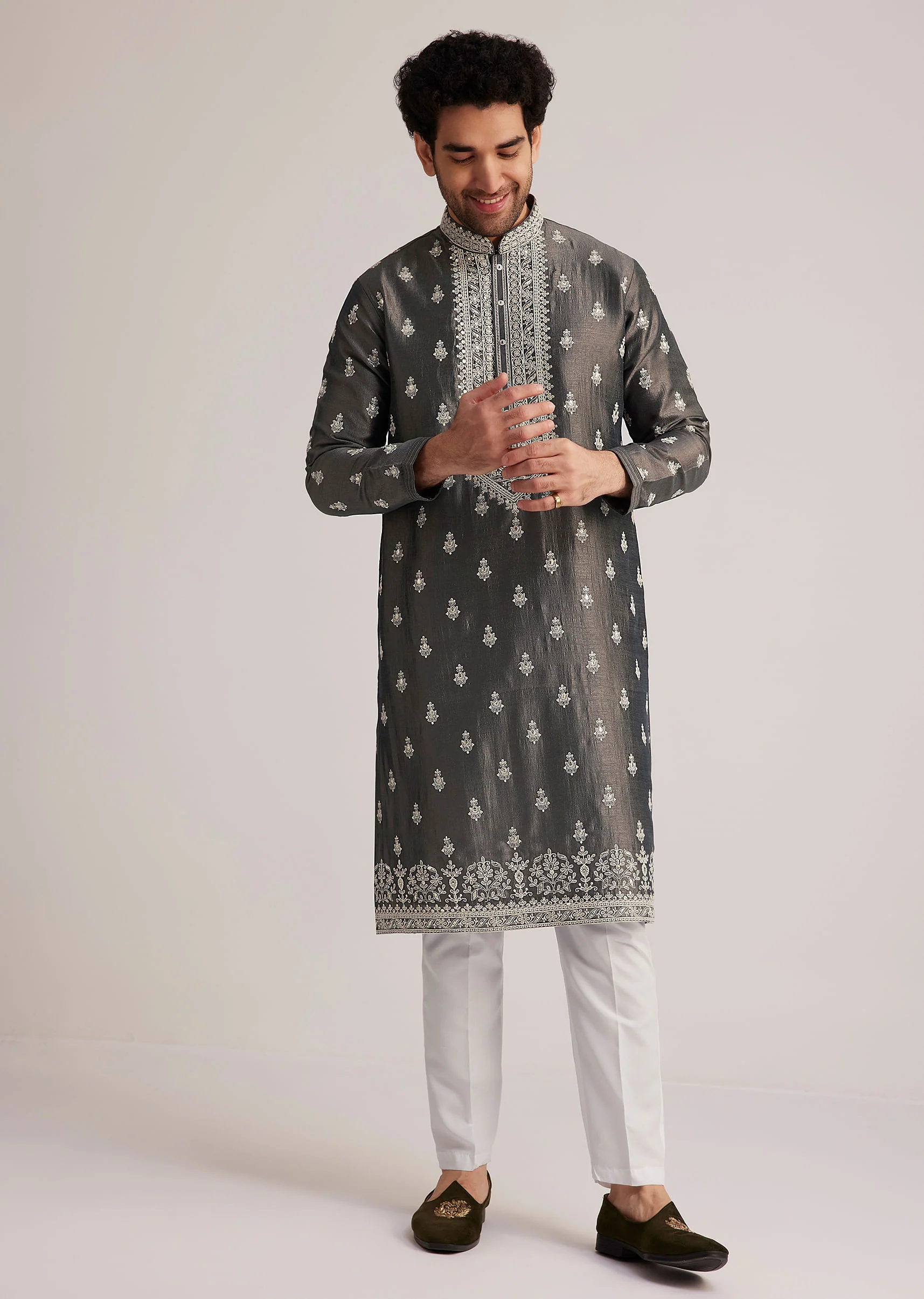 Grey Embroidered Silk Kurta Set - Image 4