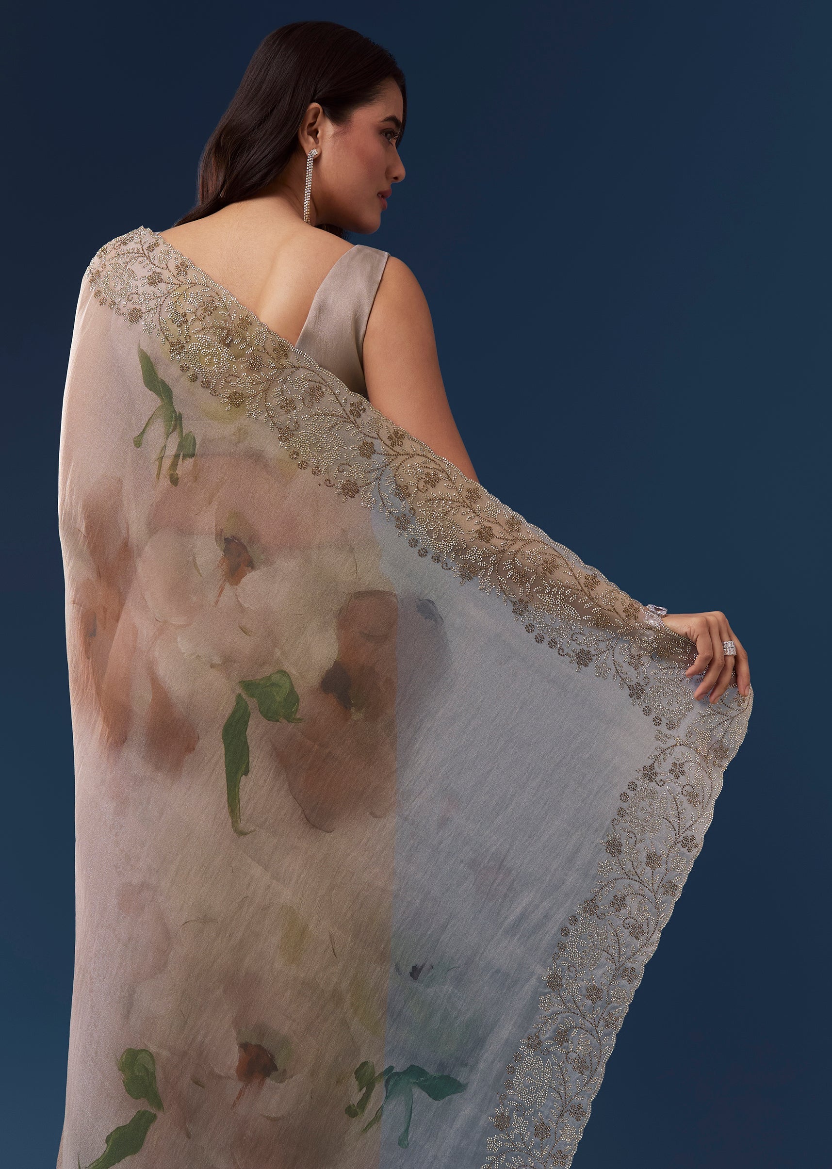 Grey Floral Printed Tissue Saree With Stone Embellished Border - Image 6