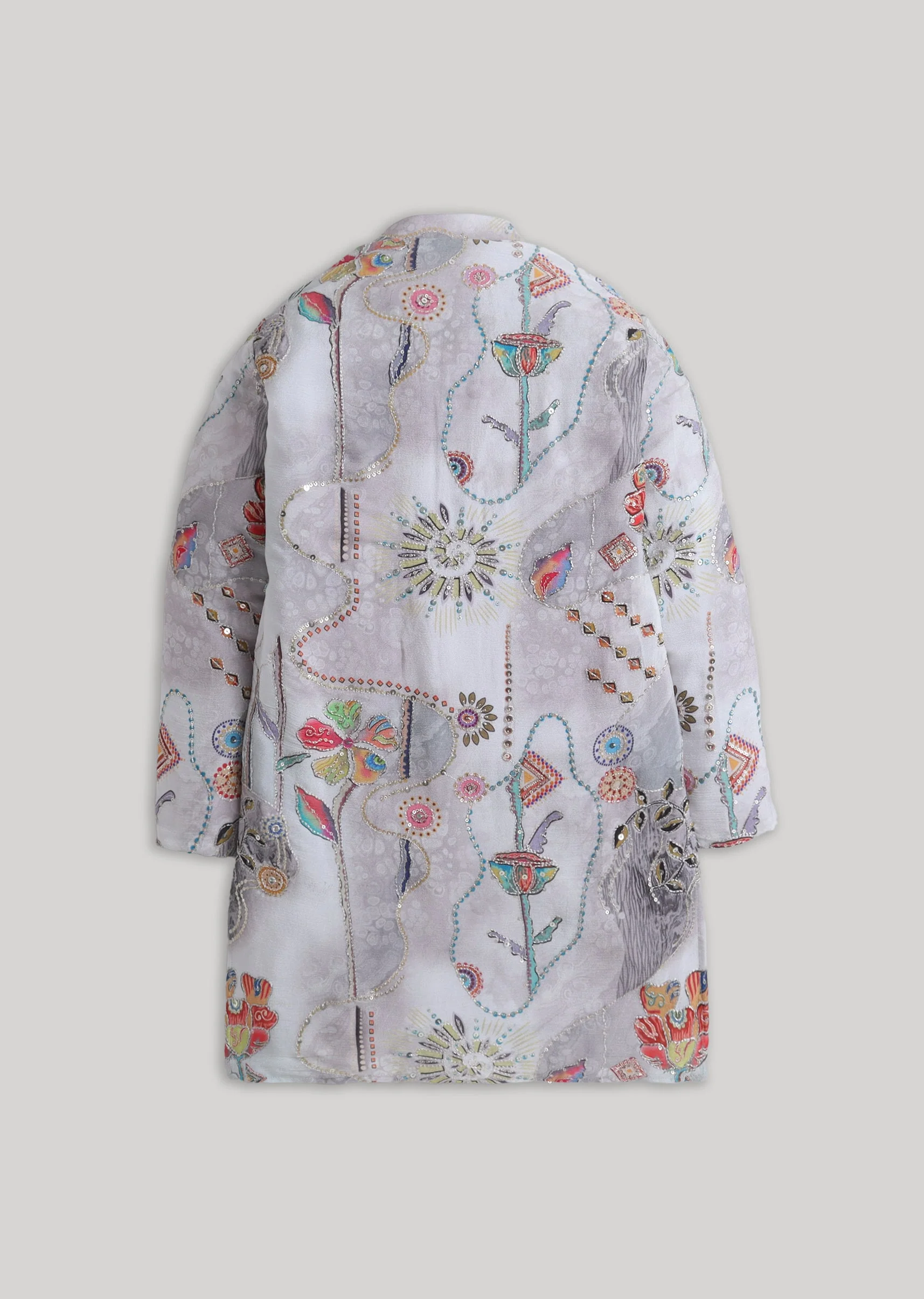 Grey Floral Sequin Cotton Kurta Set For Festive Wear - Image 3