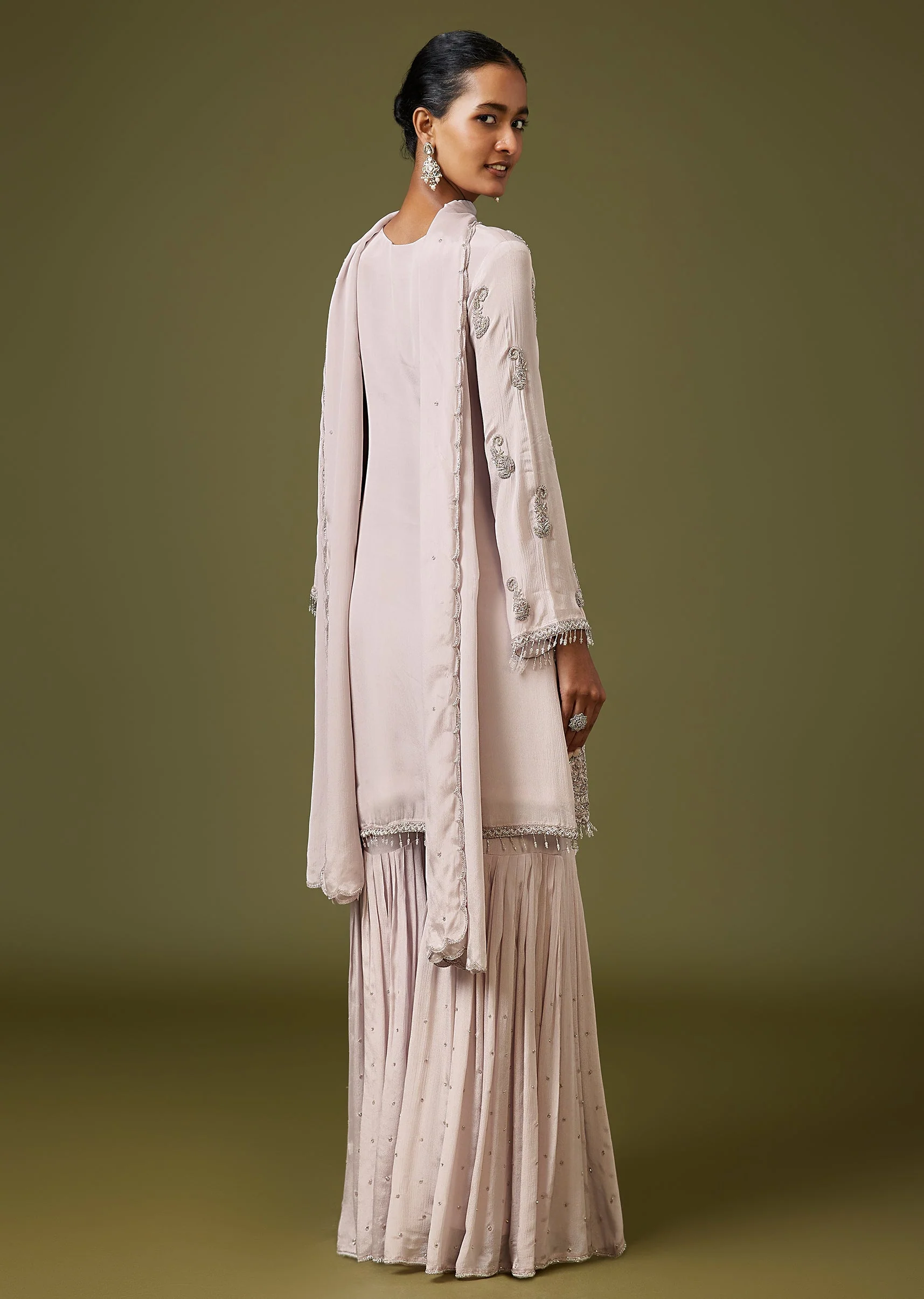 Grey French Knot Beaded Sharara Suit With Dupatta - Image 5