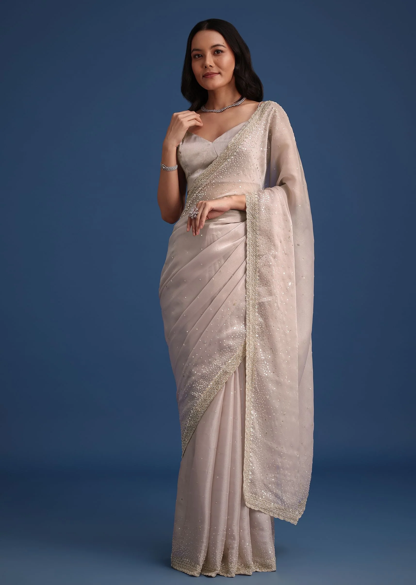 Grey Glass Tissue Silk Cutdana Work Saree With Embellished Scallop Border - Image 3