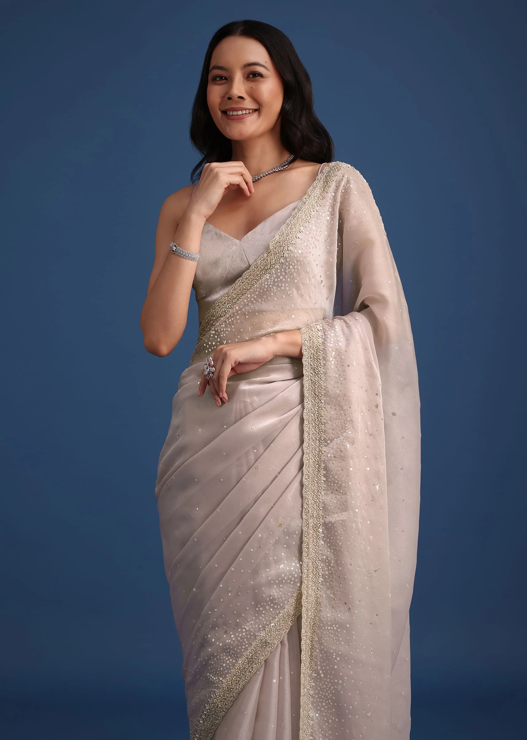 Grey Glass Tissue Silk Cutdana Work Saree With Embellished Scallop Border - Image 5