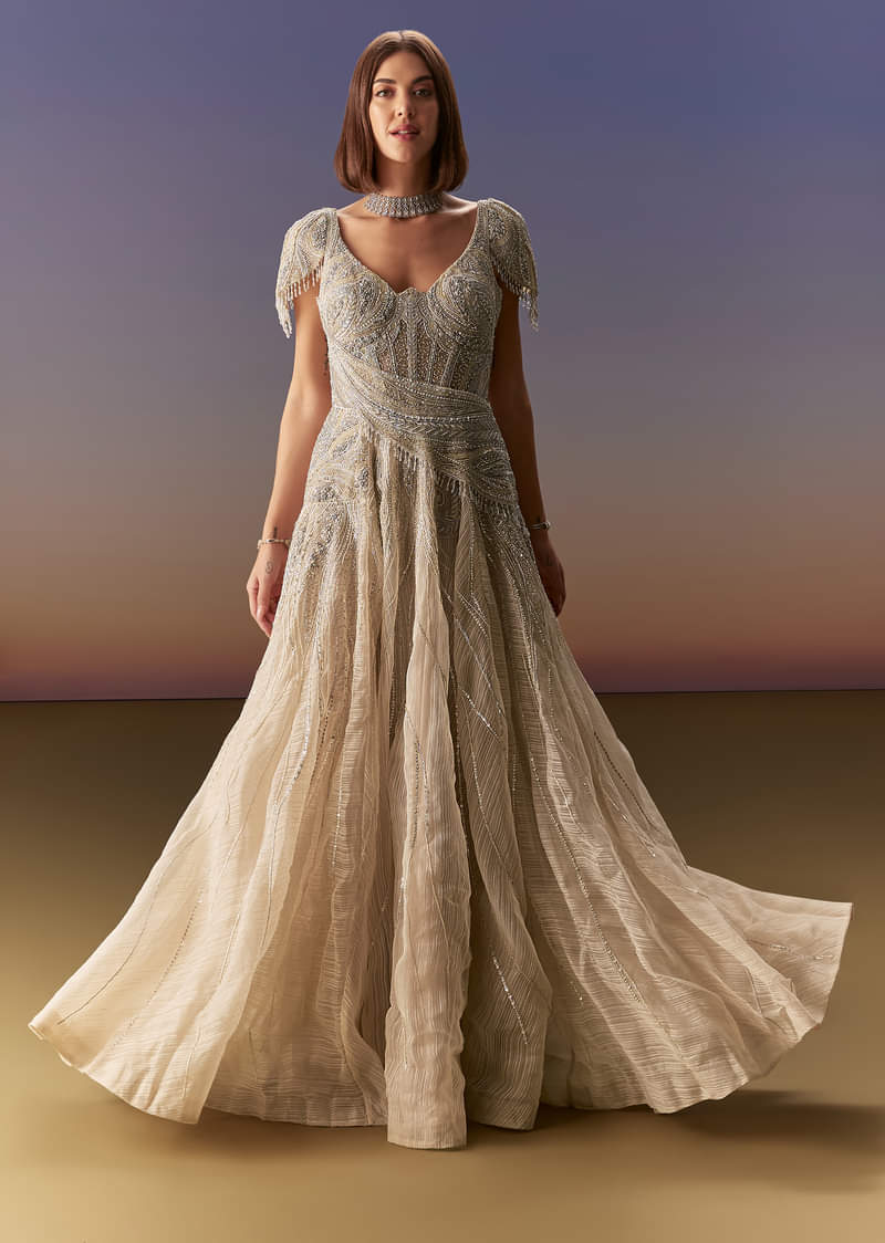 Grey Gown With Draped Cap Sleeves And Flowing Embroidered Flare - Image 4