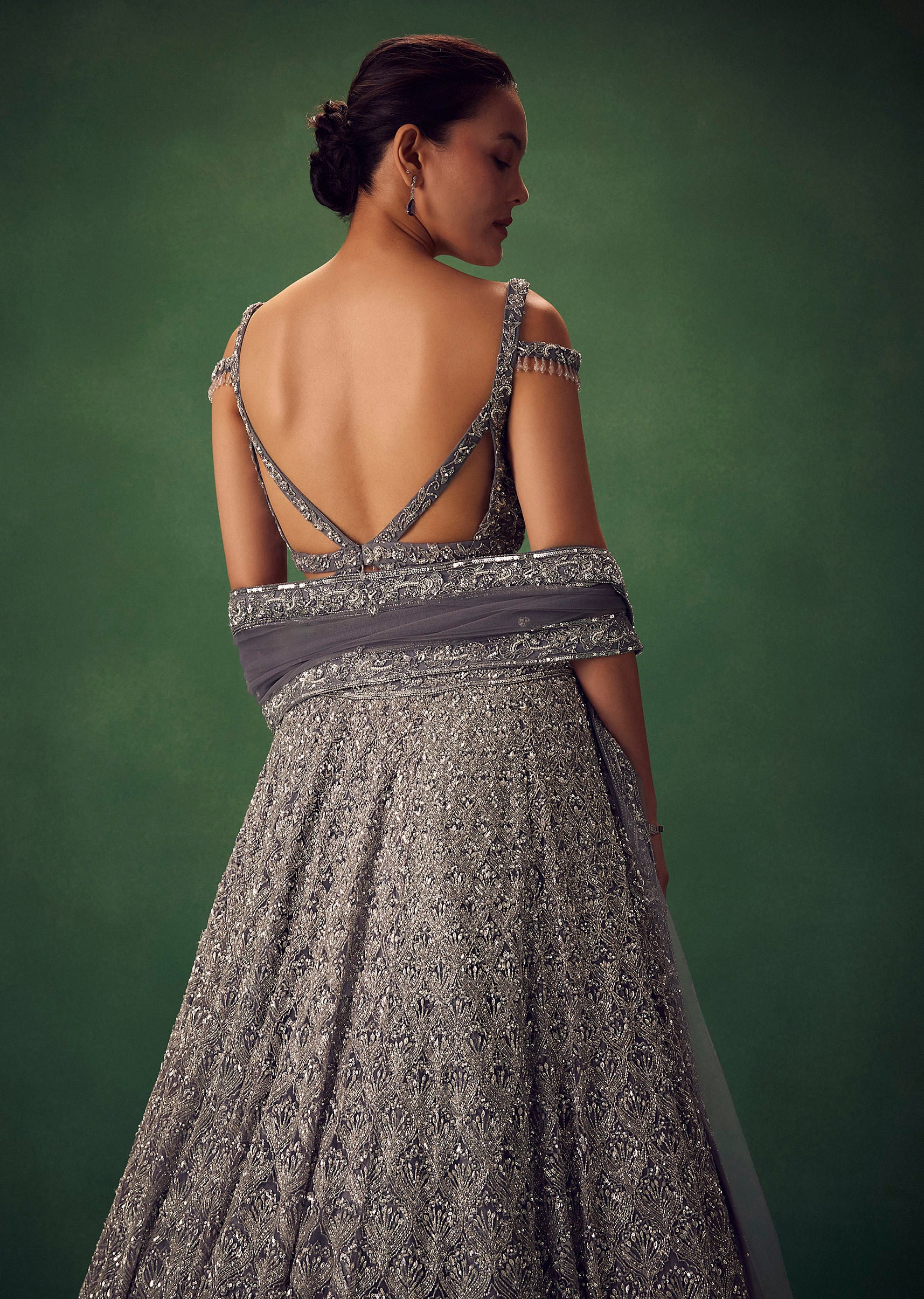 Grey Hand Embroidered Sequin Work Lehenga Set - Image 4