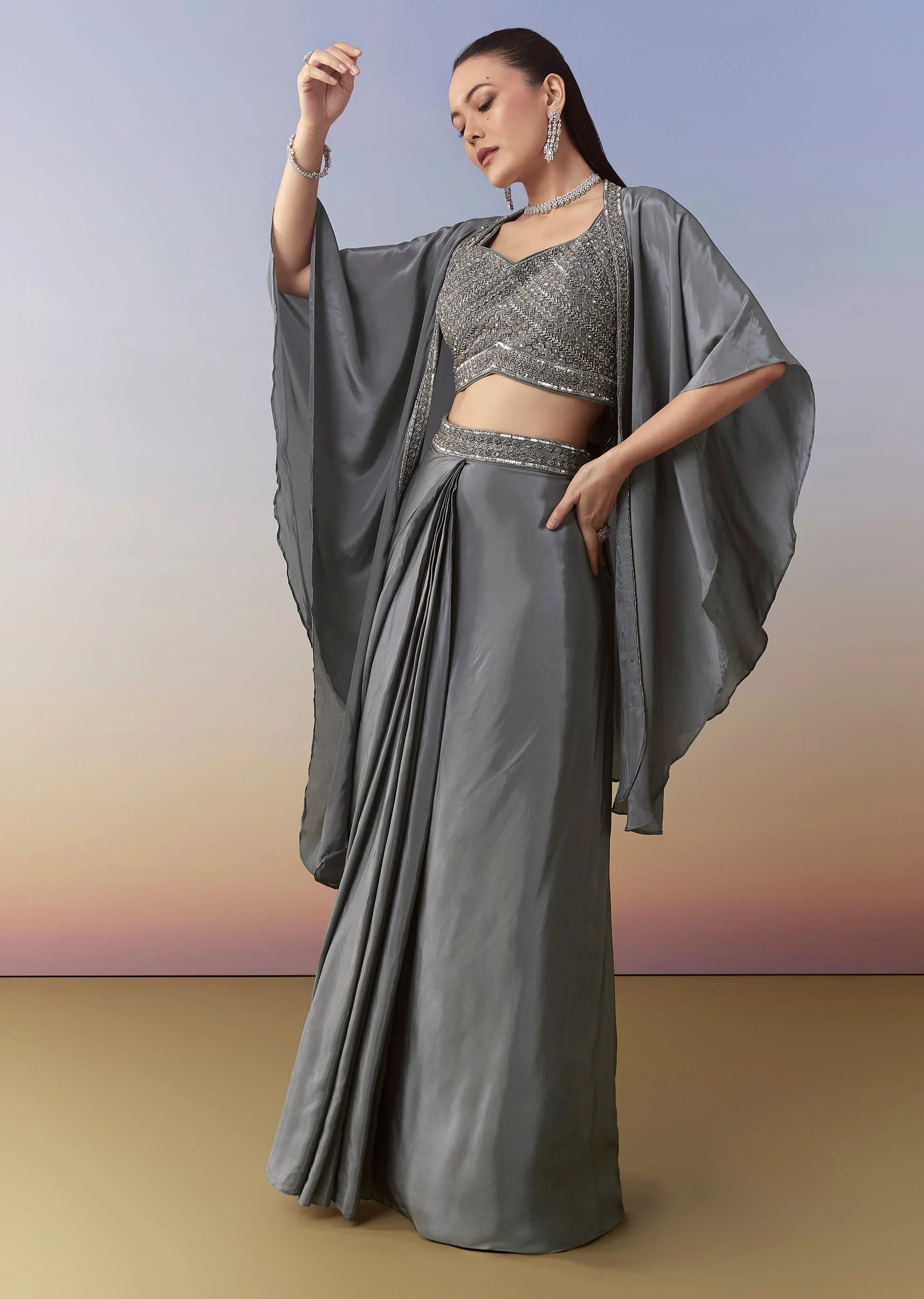 Grey Indo Western Embellished Crop Top Cape Set - Image 3