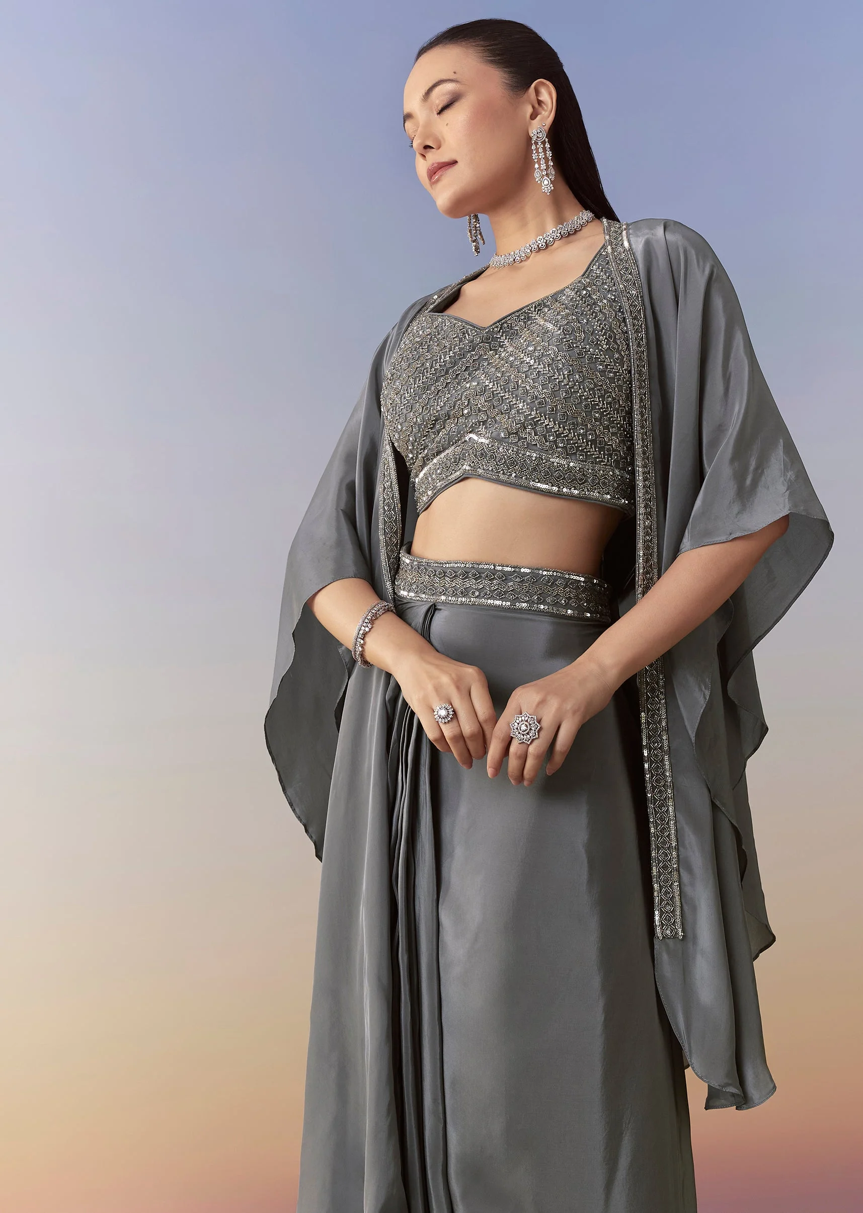 Grey Indo Western Embellished Crop Top Cape Set - Image 4