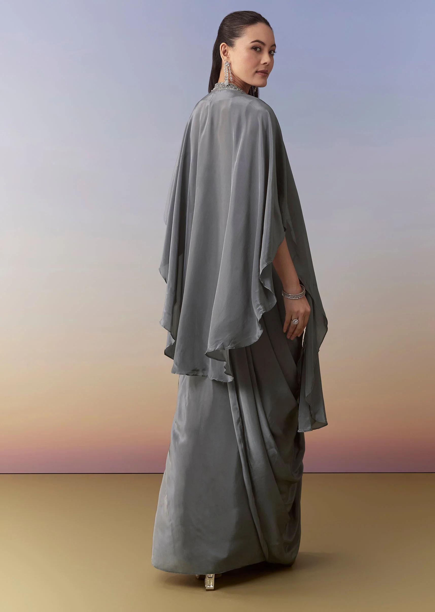 Grey Indo Western Embellished Crop Top Cape Set - Image 5