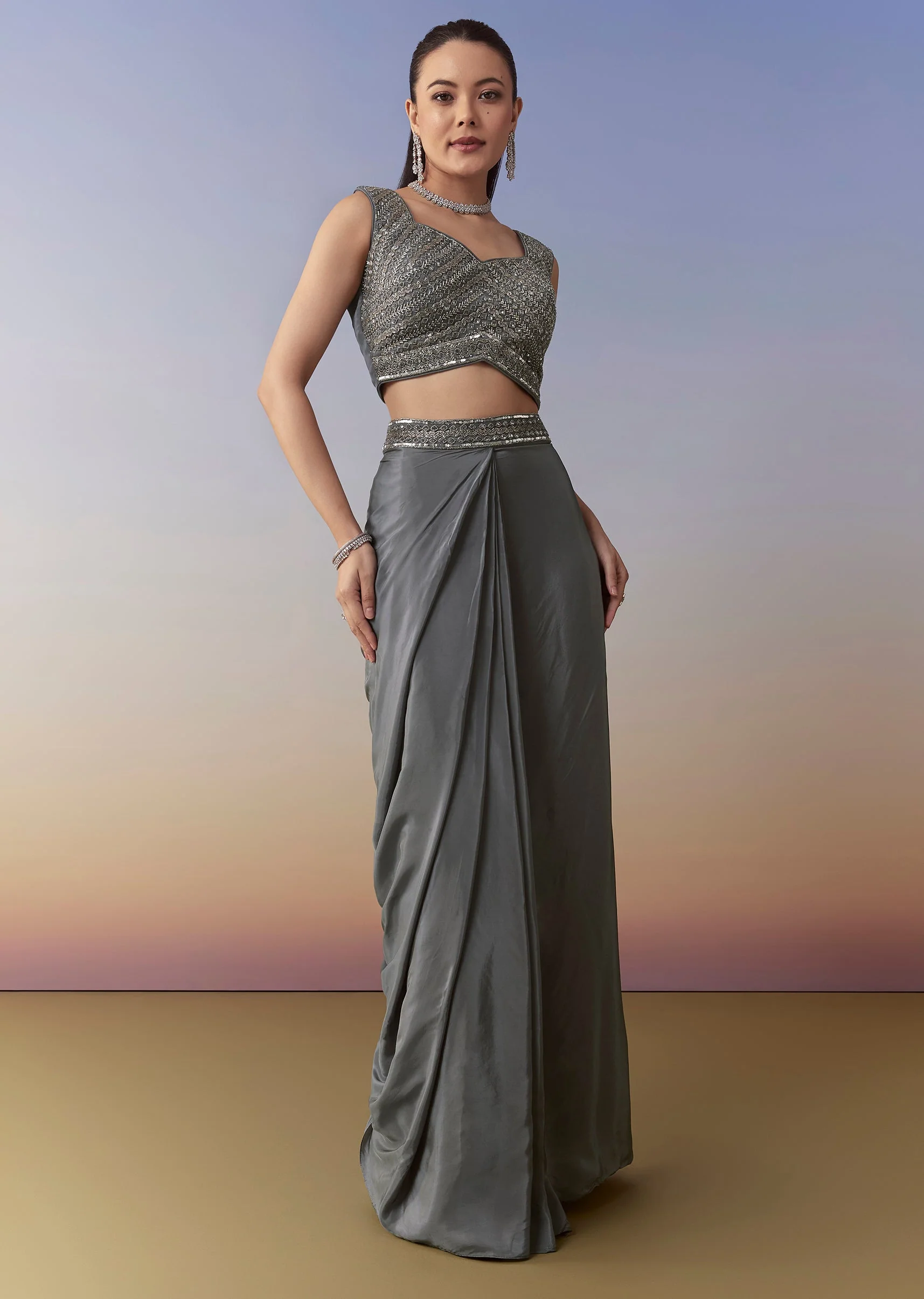 Grey Indo Western Embellished Crop Top Cape Set - Image 6