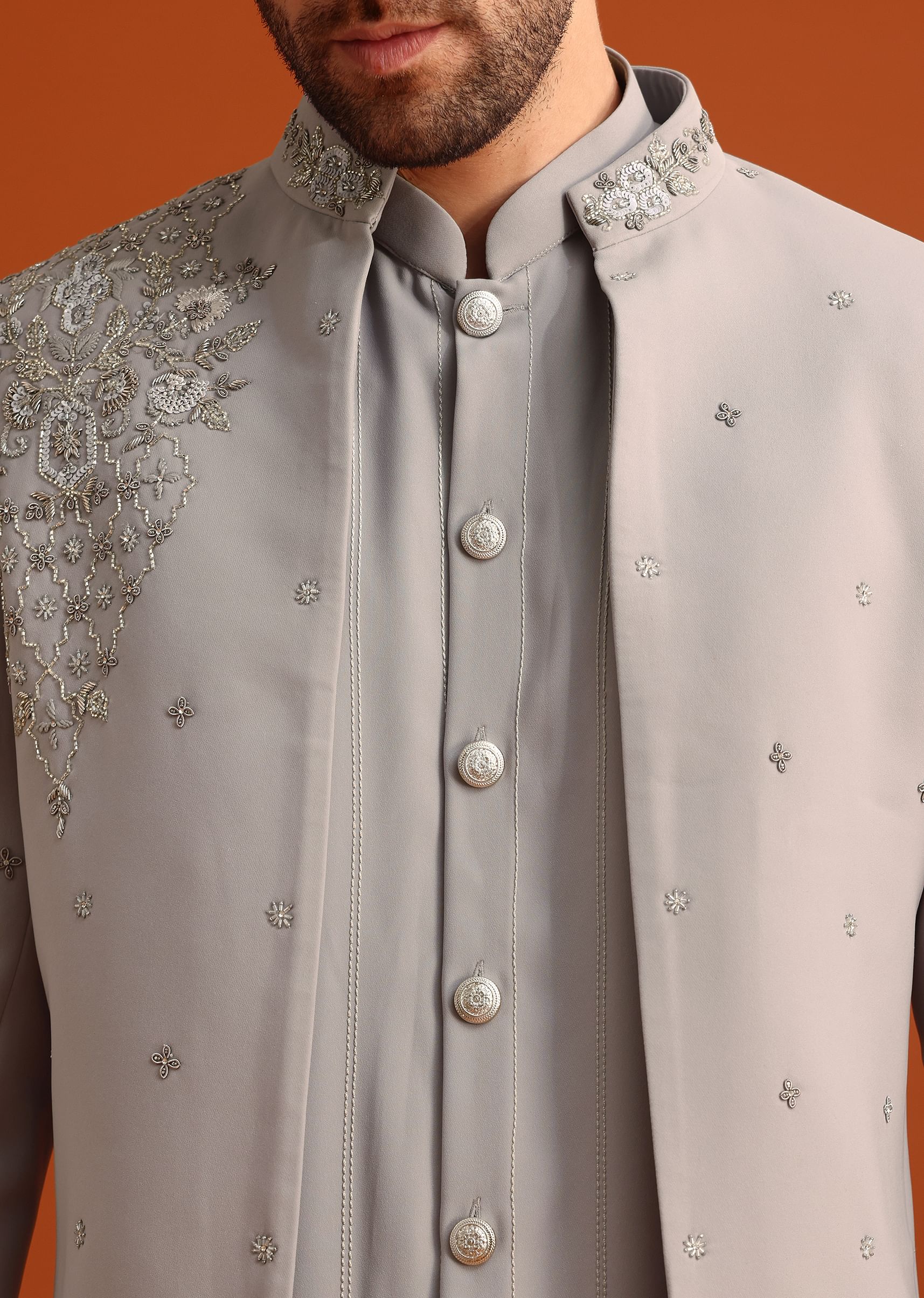 Grey Indo Western Jacket And Kurta Set - Image 2