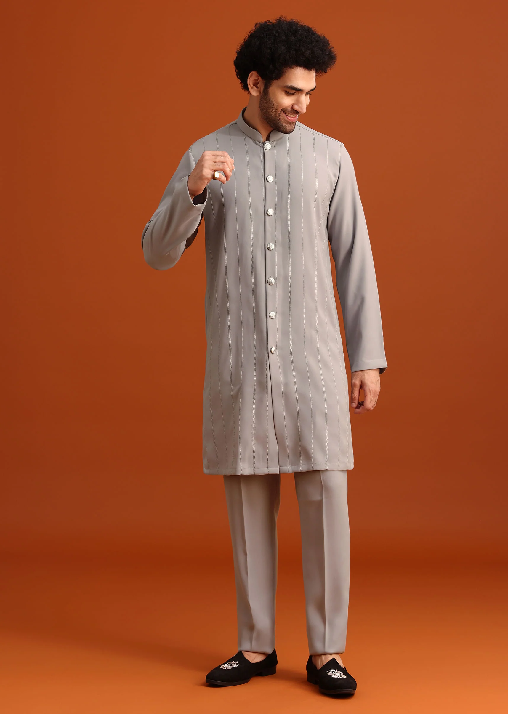 Grey Indo Western Jacket And Kurta Set - Image 6