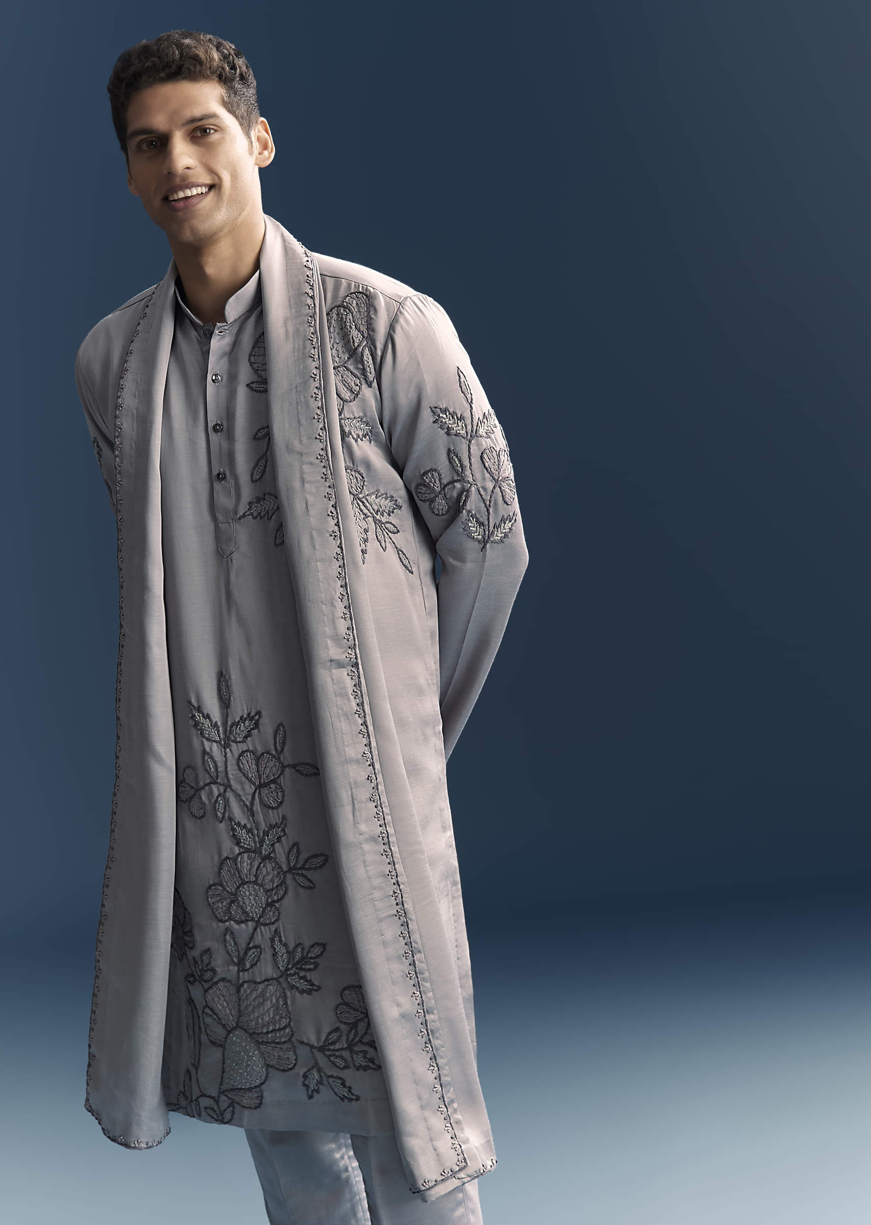 Grey Kurta Set For Men With Thread And French Knot Embroidery - Image 2