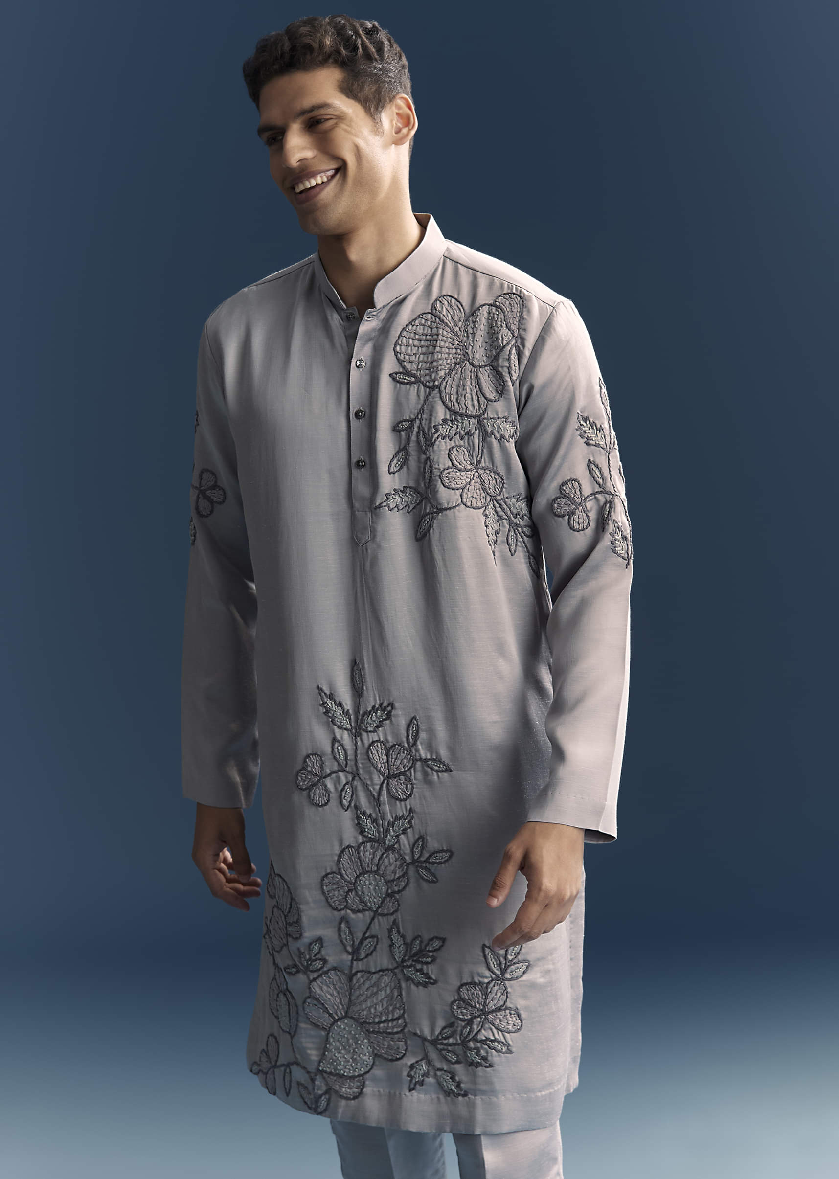 Grey Kurta Set For Men With Thread And French Knot Embroidery - Image 6