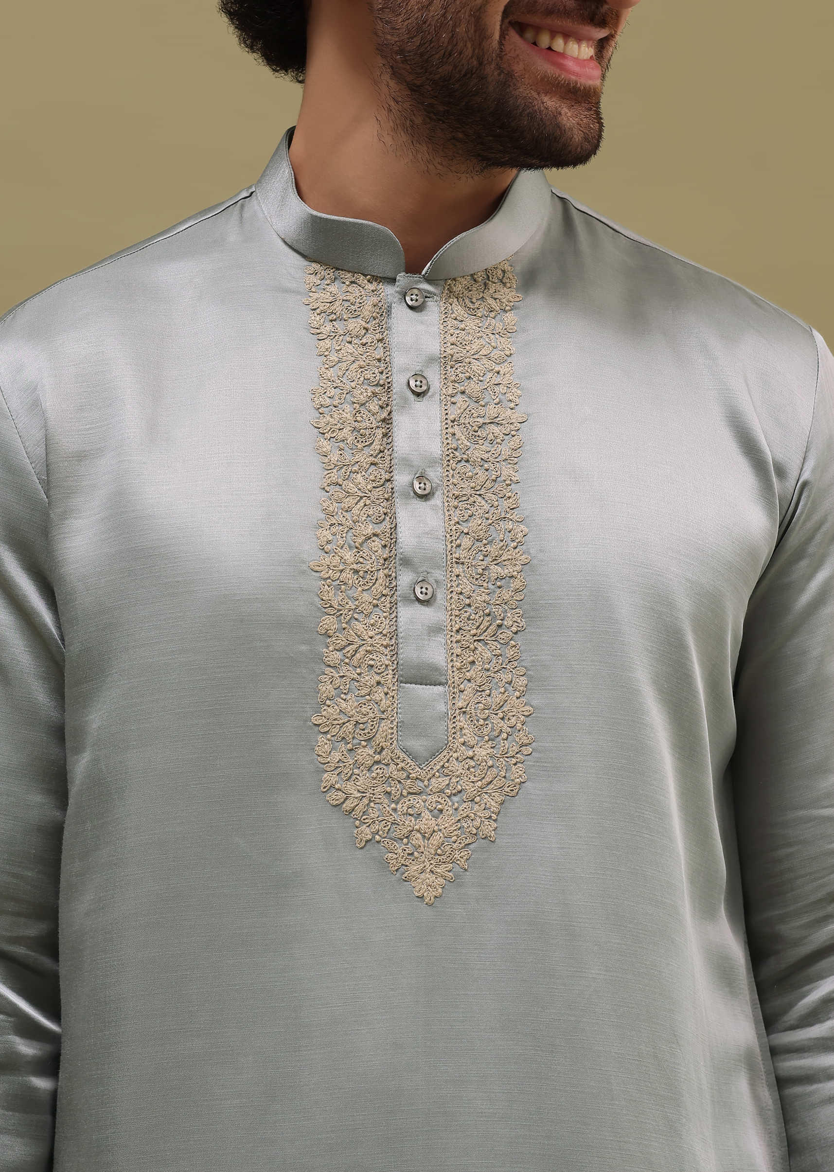 Grey Kurta Set In Resham Work With Dupatta For Men - Image 3