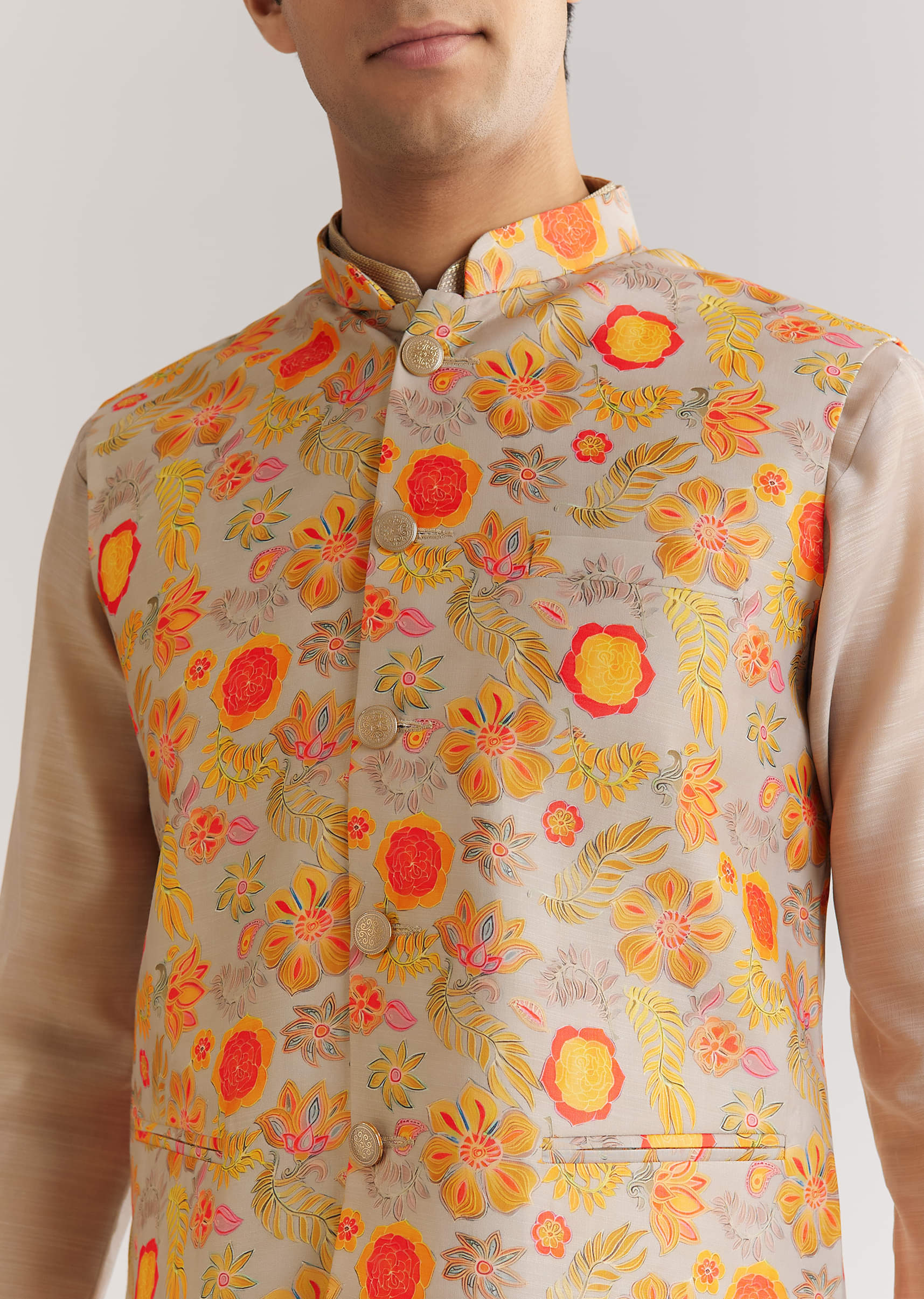 Grey Kurta Set With Floral Printed Jacket - Image 2