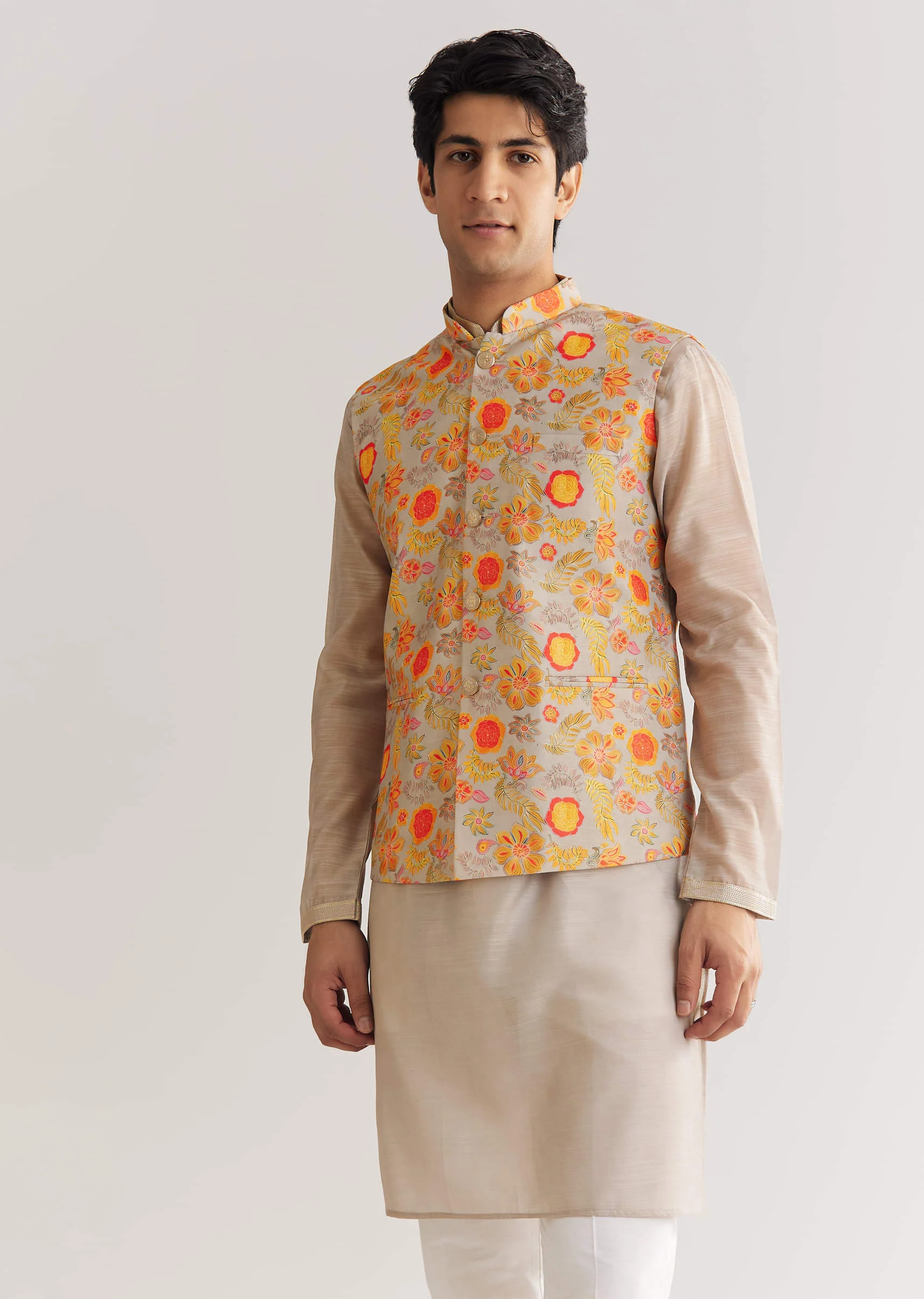 Grey Kurta Set With Floral Printed Jacket - Image 3