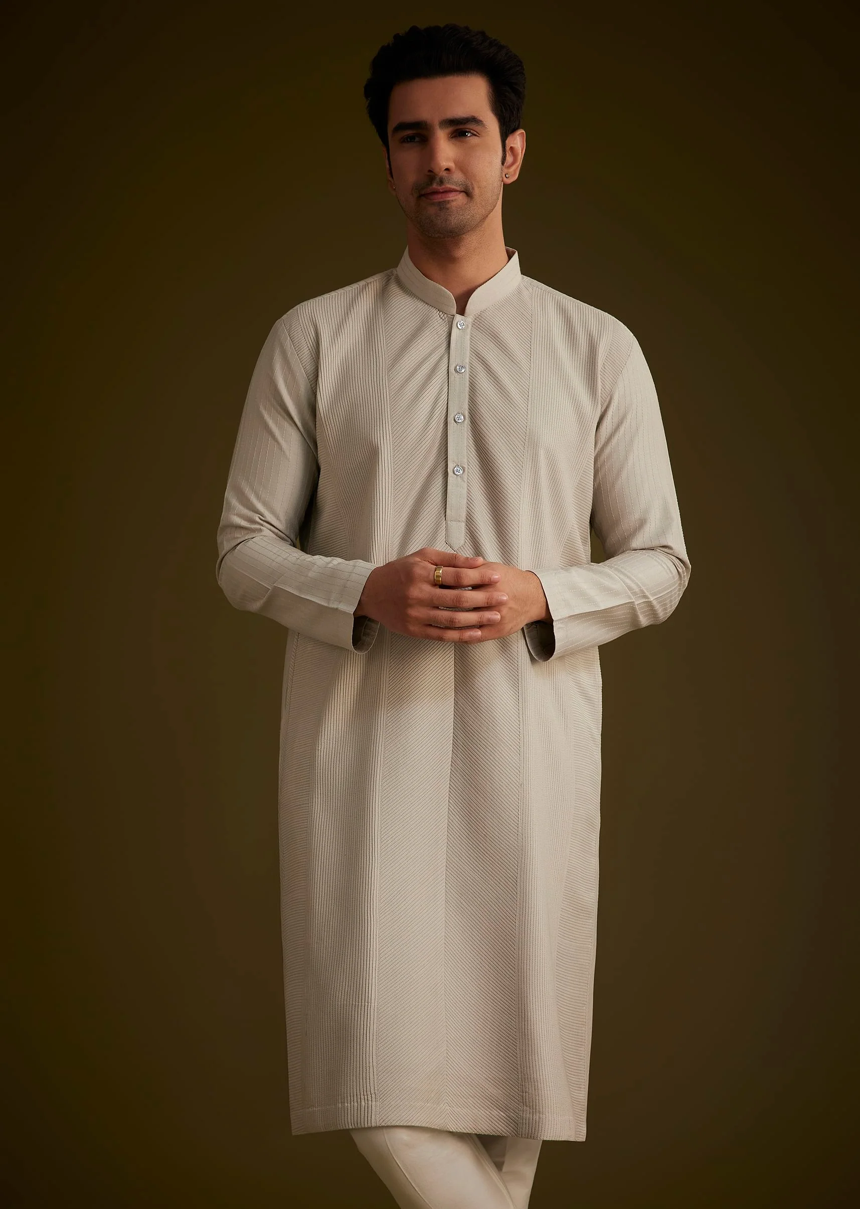 Grey Kurta Set With Pintuck Detailing - Image 3