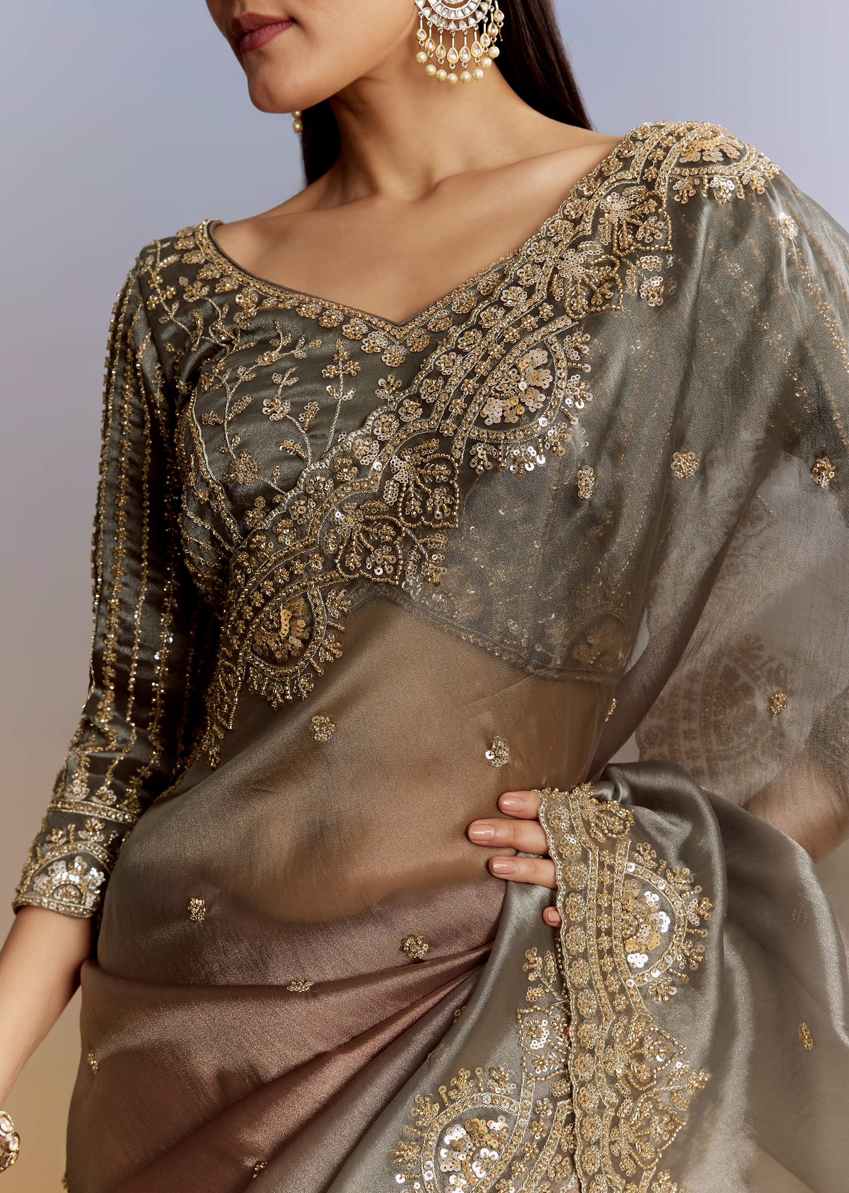 Grey Lavender Shaded Tissue Saree With Heavy Blouse Embroidery - Image 2