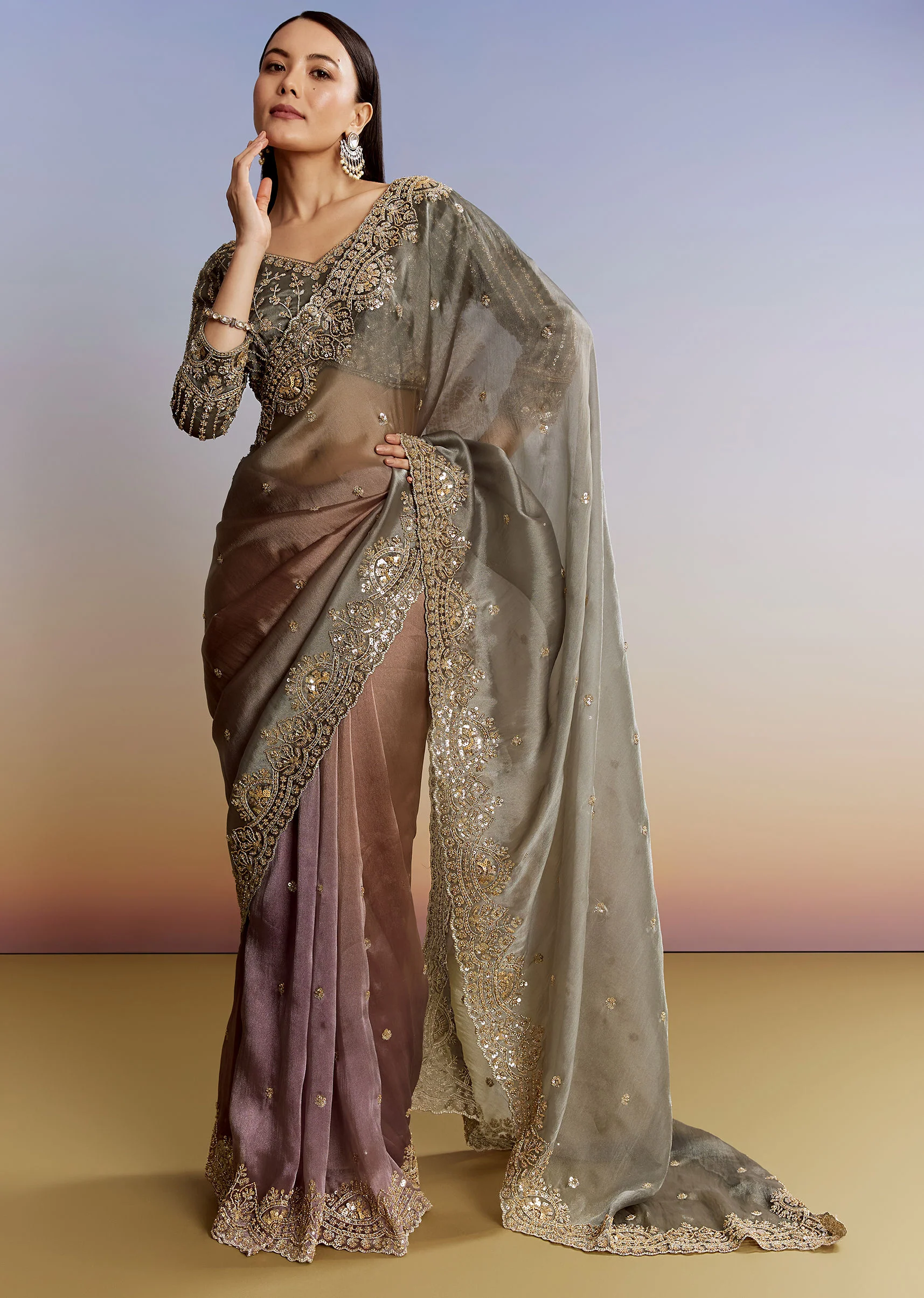Grey Lavender Shaded Tissue Saree With Heavy Blouse Embroidery - Image 3