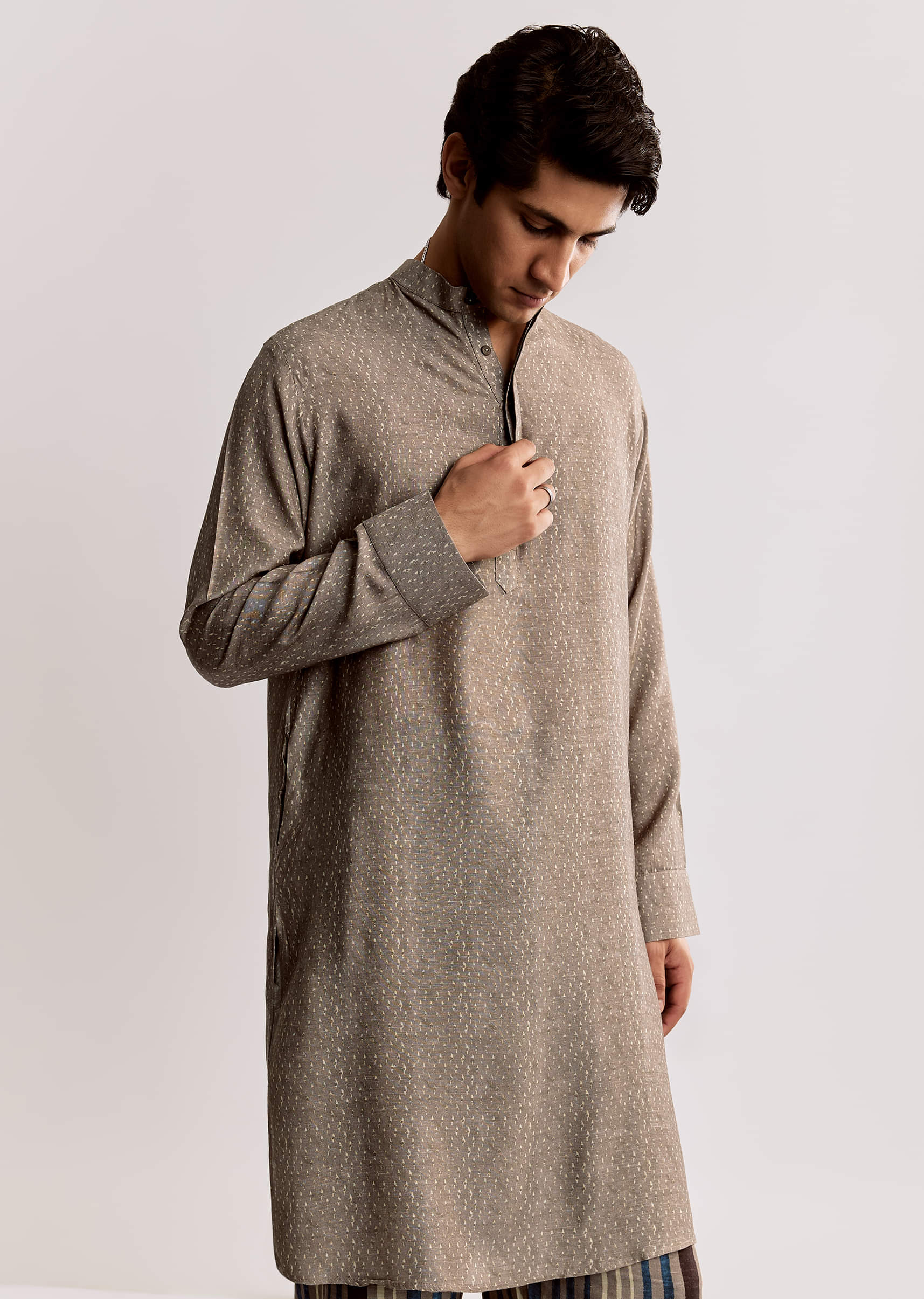 Grey Linen Kurta Jacket Set With Ajrakh Print - Image 6