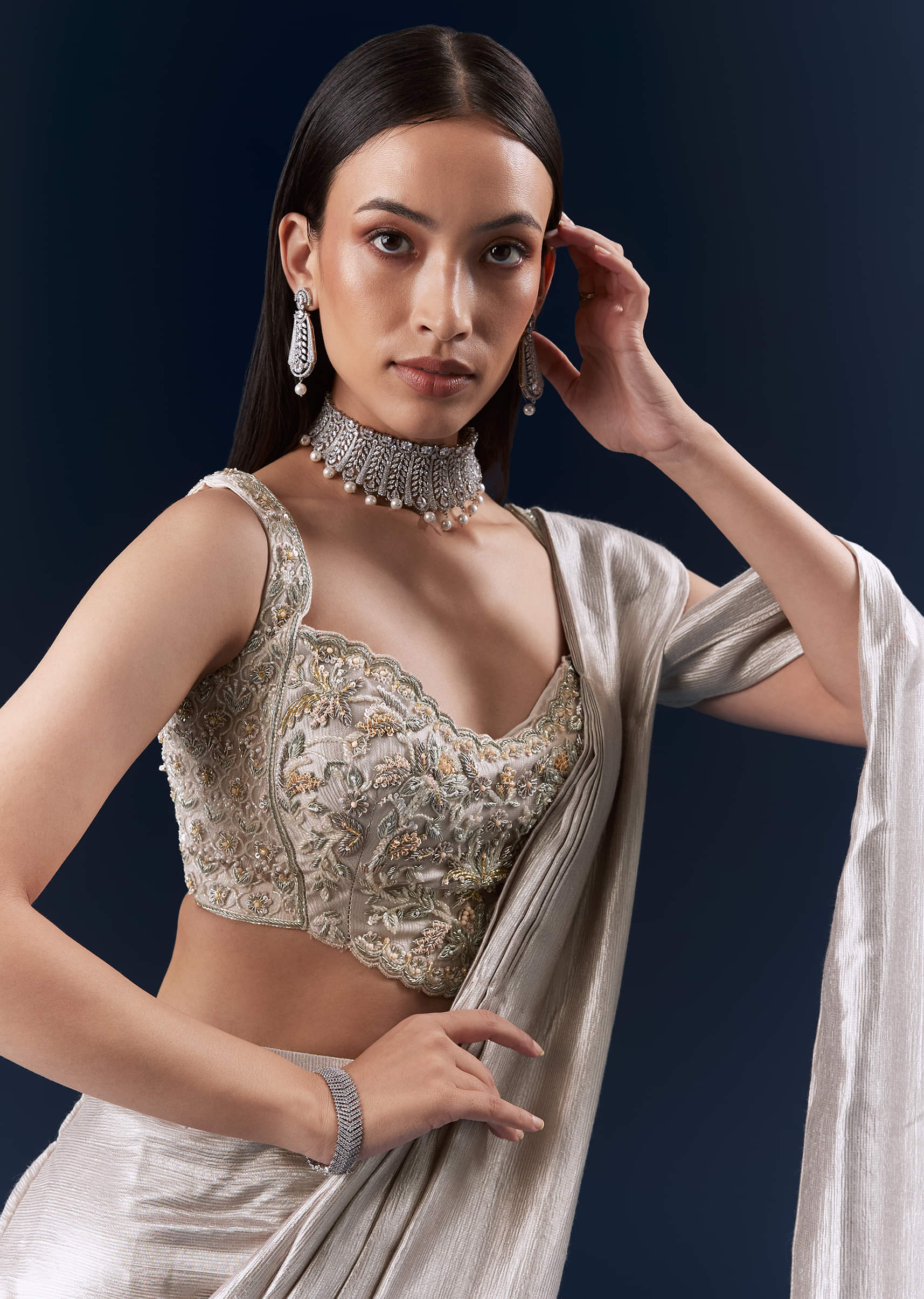 Grey Net Ready Pleated Saree With Embroidery - Image 5