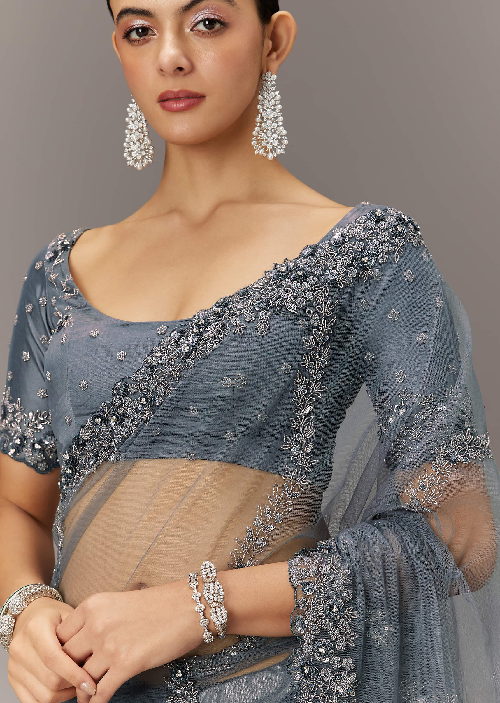 Grey Net Saree With All Over Heavy Embroidery And Net Blouse - Image 3
