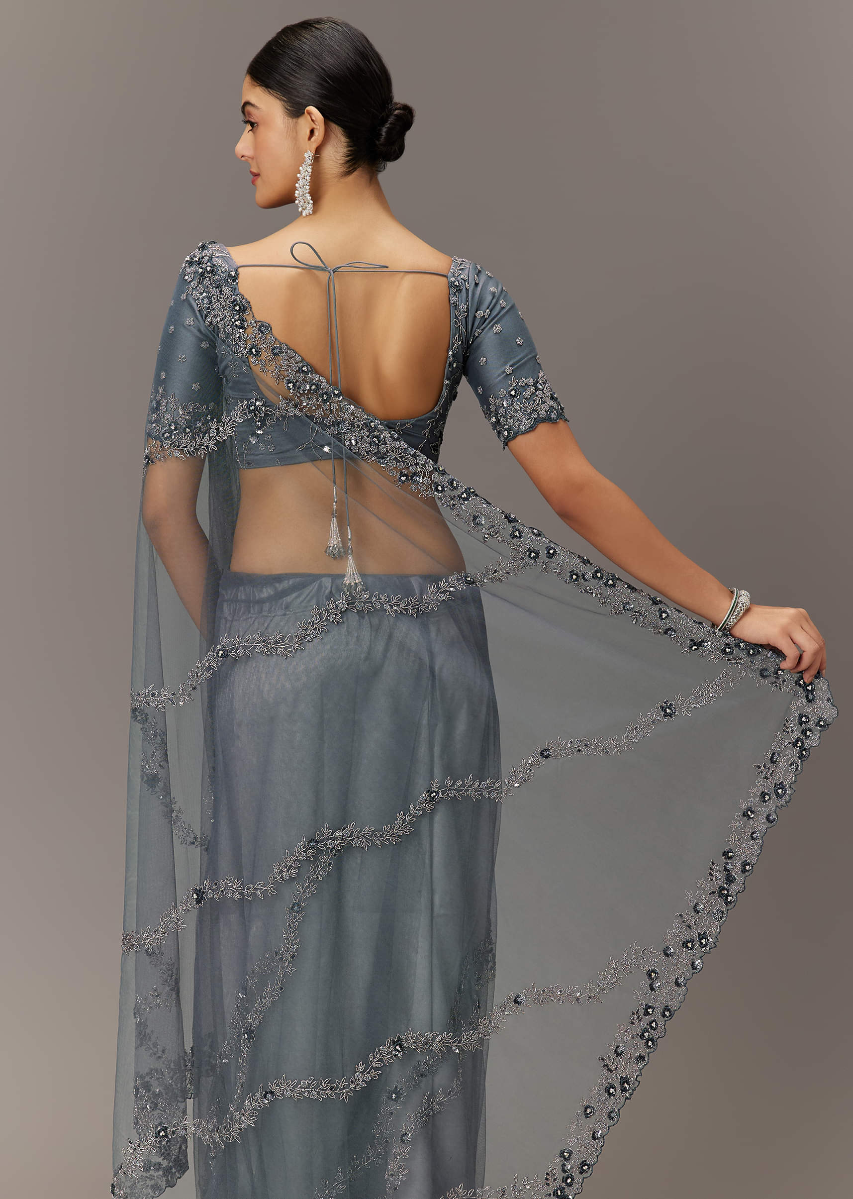 Grey Net Saree With All Over Heavy Embroidery And Net Blouse - Image 4
