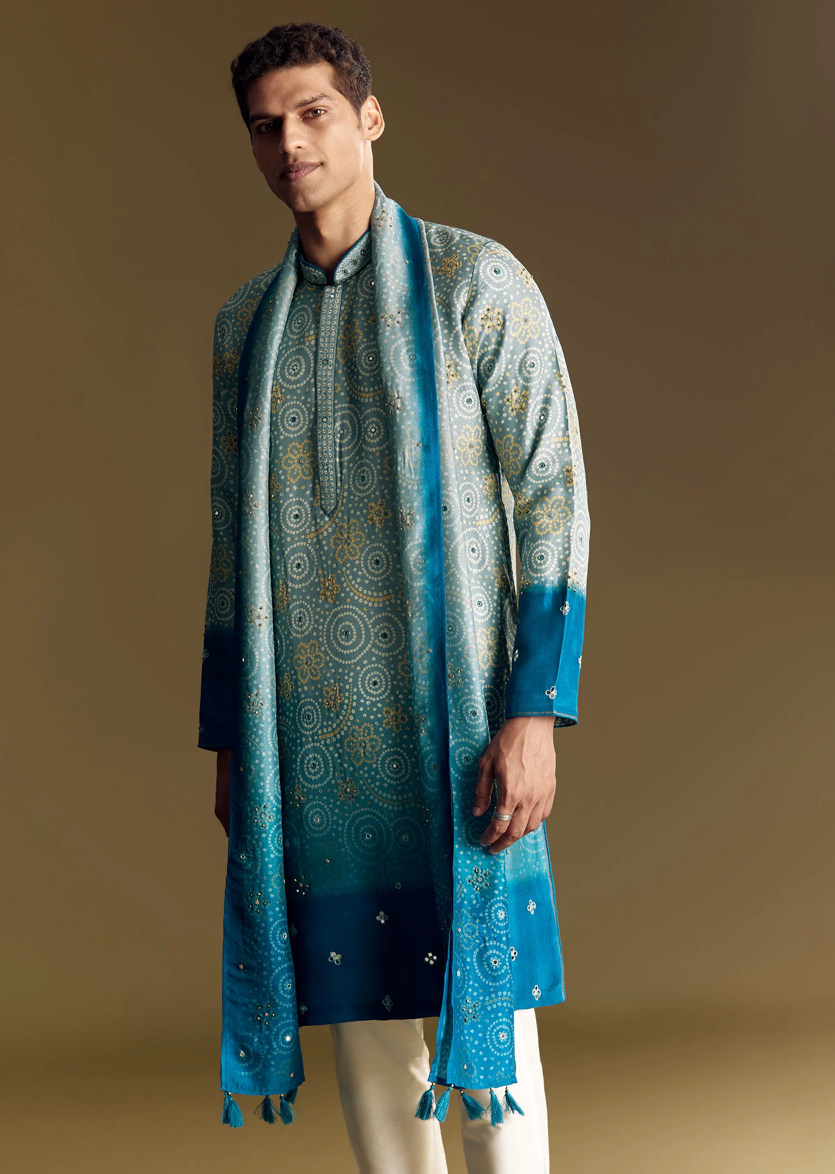Grey Ombre Rawsilk Kurta Set With Mirror Embellishments