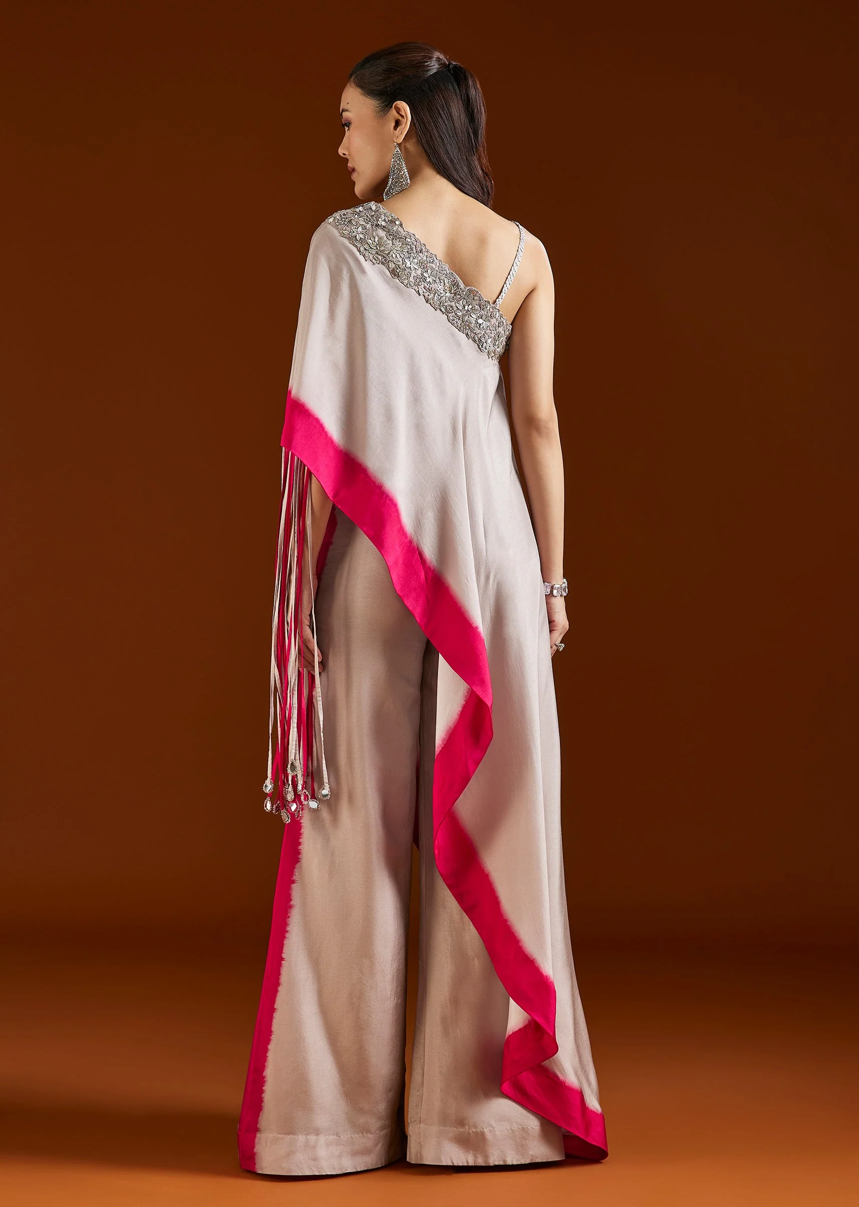 Grey One-Shoulder Embellished Silk Blend Crop Top Palazzo Set - Image 5