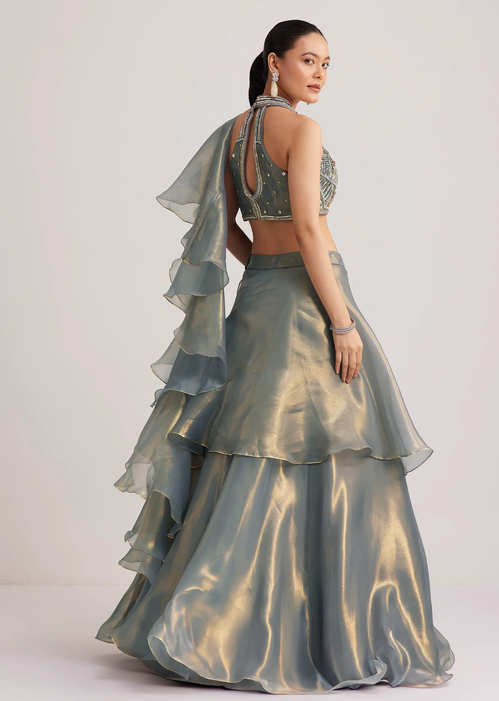 Grey Organza Embellished Lehenga Set With Dupatta - Image 5