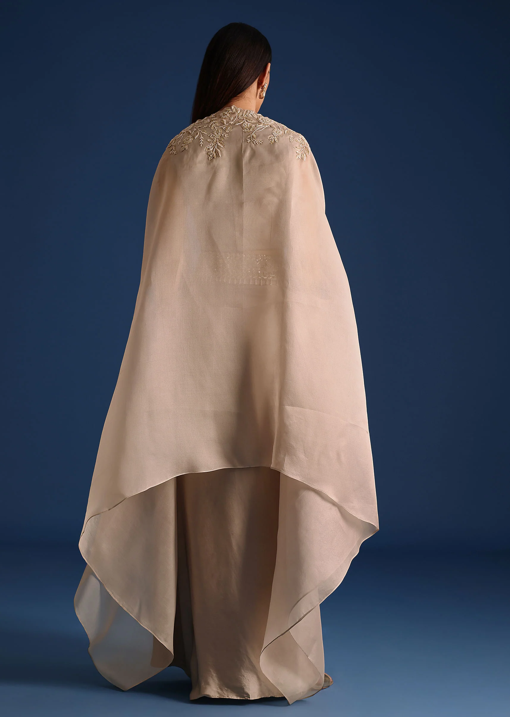 Grey Organza Jacket With Draped Skirt And Crop Top - Image 6