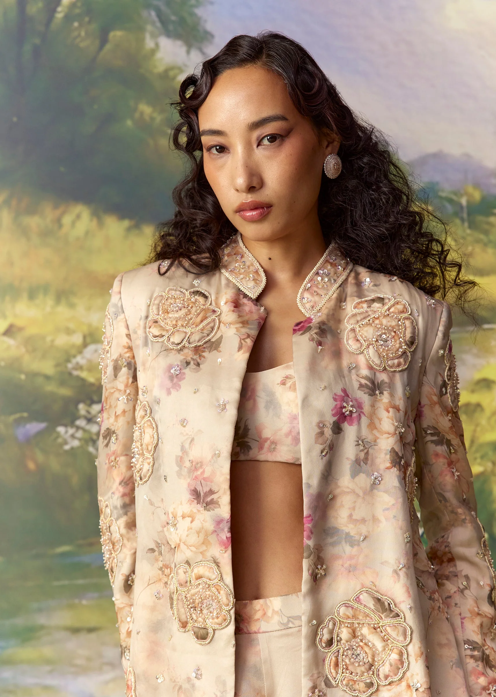 Grey Organza Printed Sherwani and Pant Set - Image 3