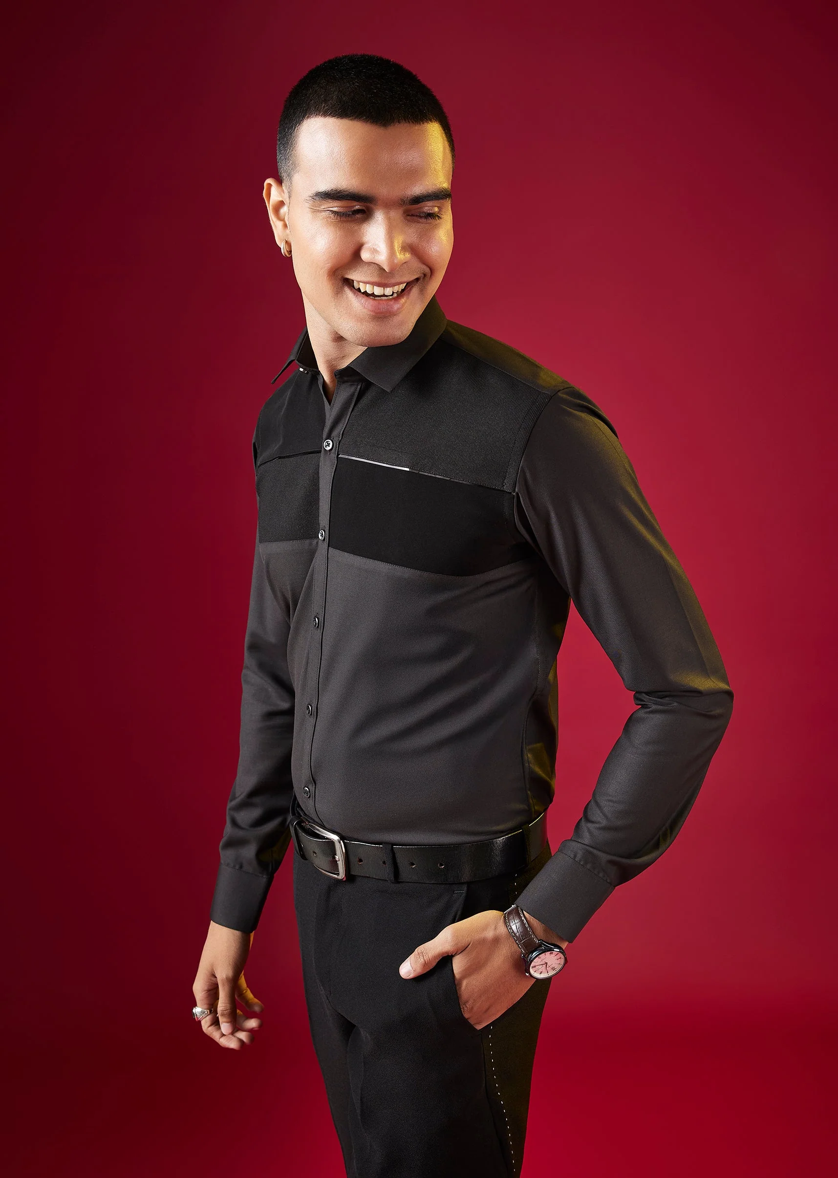 Grey Patchwork Embellished Mens Shirt - Image 3