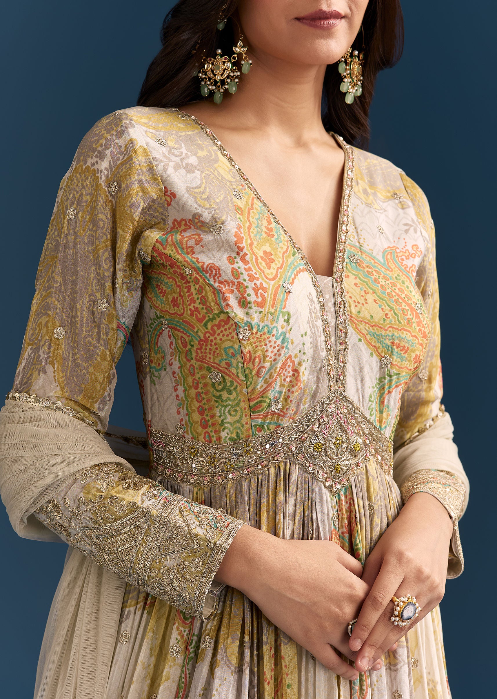 Grey Printed Chinon Anarkali Suit With Zari Work - Image 2