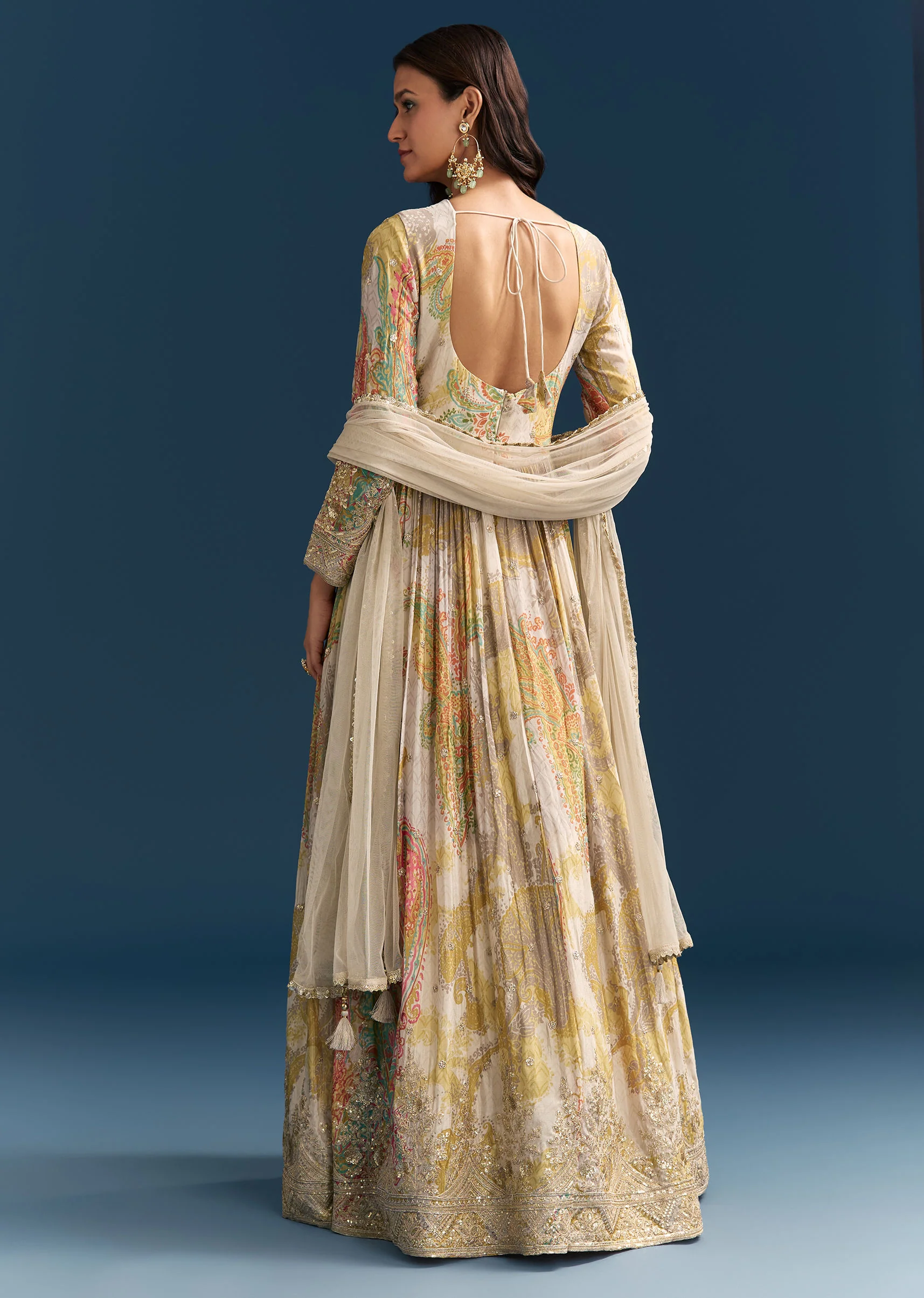 Grey Printed Chinon Anarkali Suit With Zari Work - Image 5
