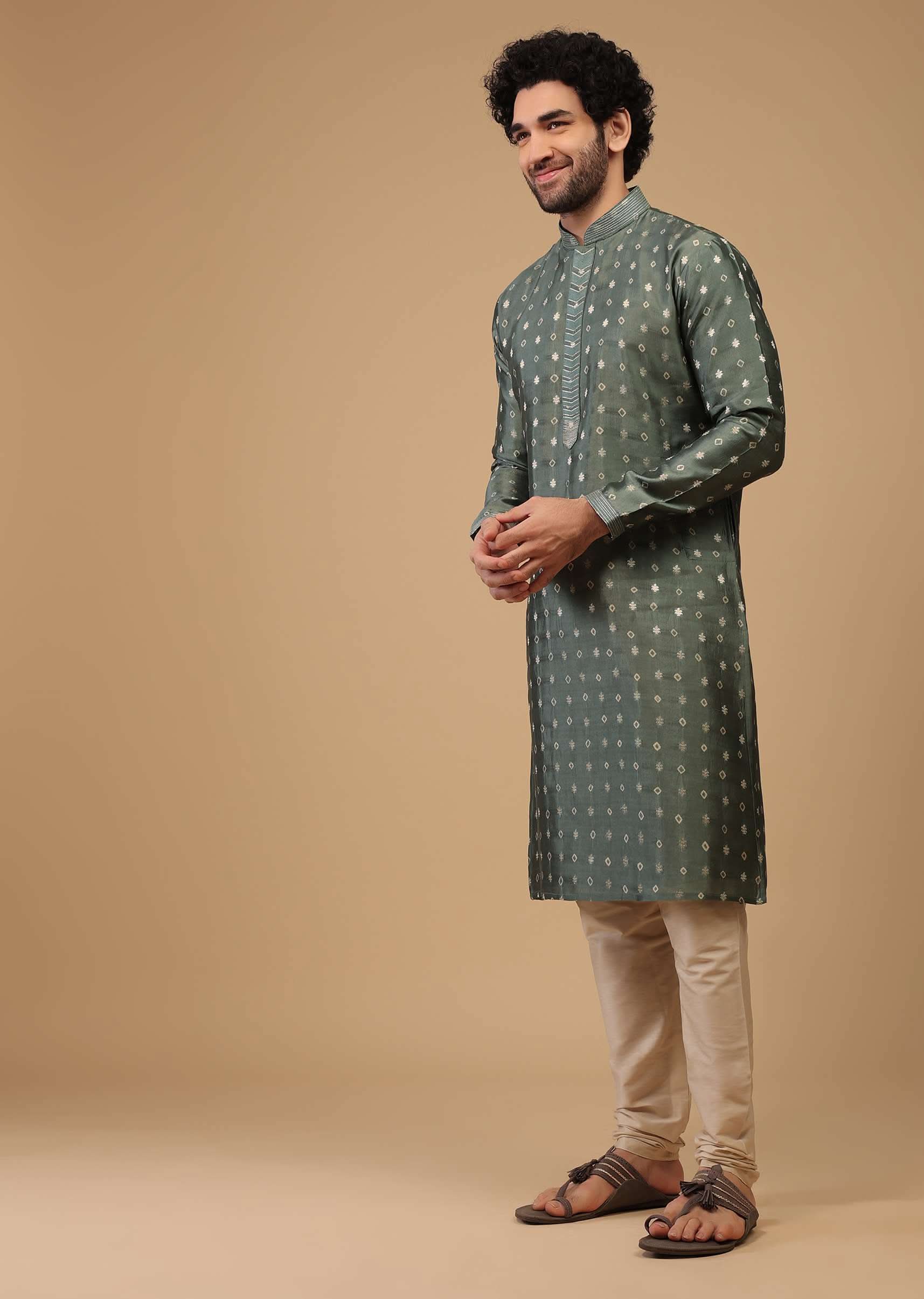 Grey Printed Handwoven Silk Kurta Set With Buttis - Image 3