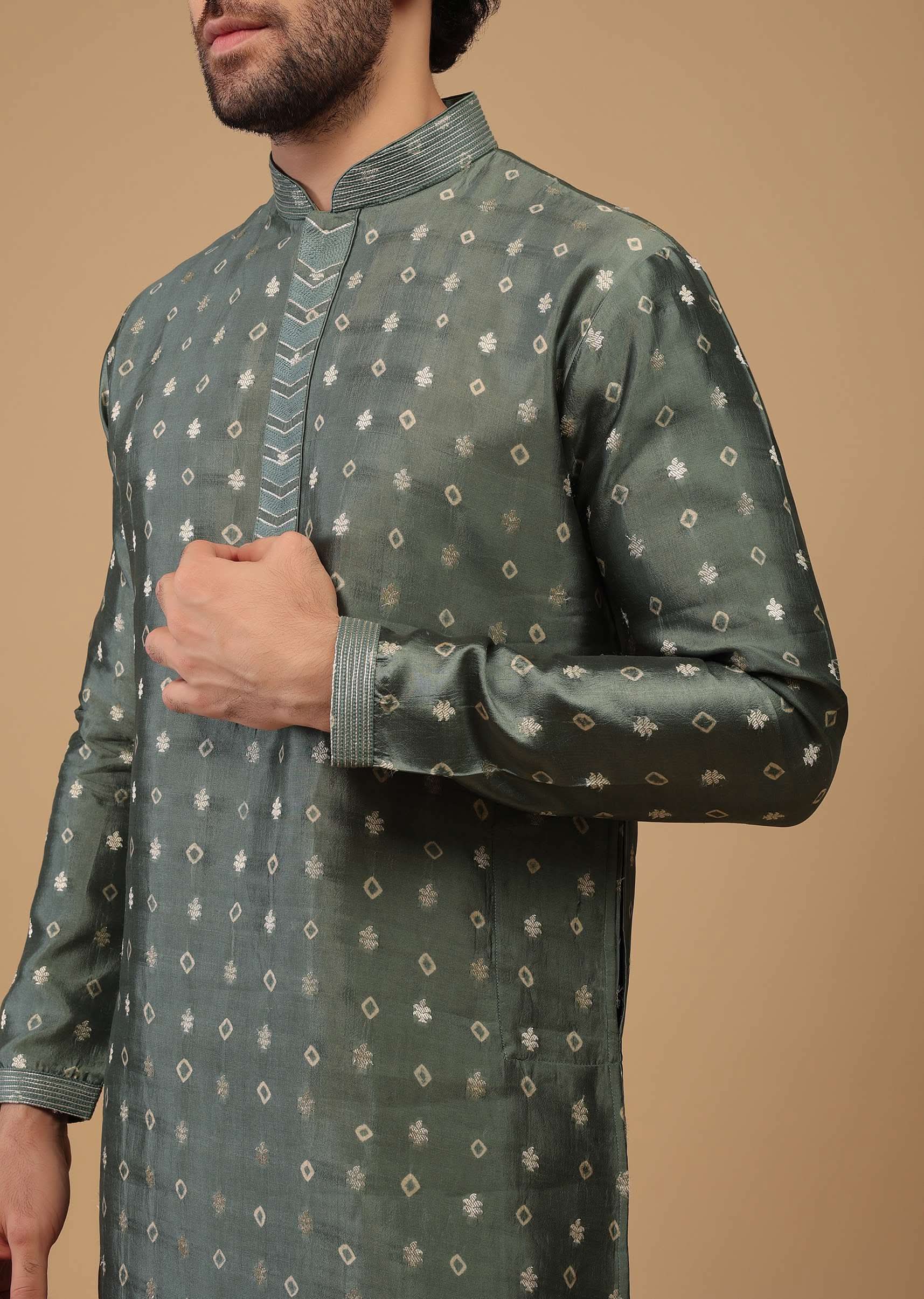 Grey Printed Handwoven Silk Kurta Set With Buttis - Image 4