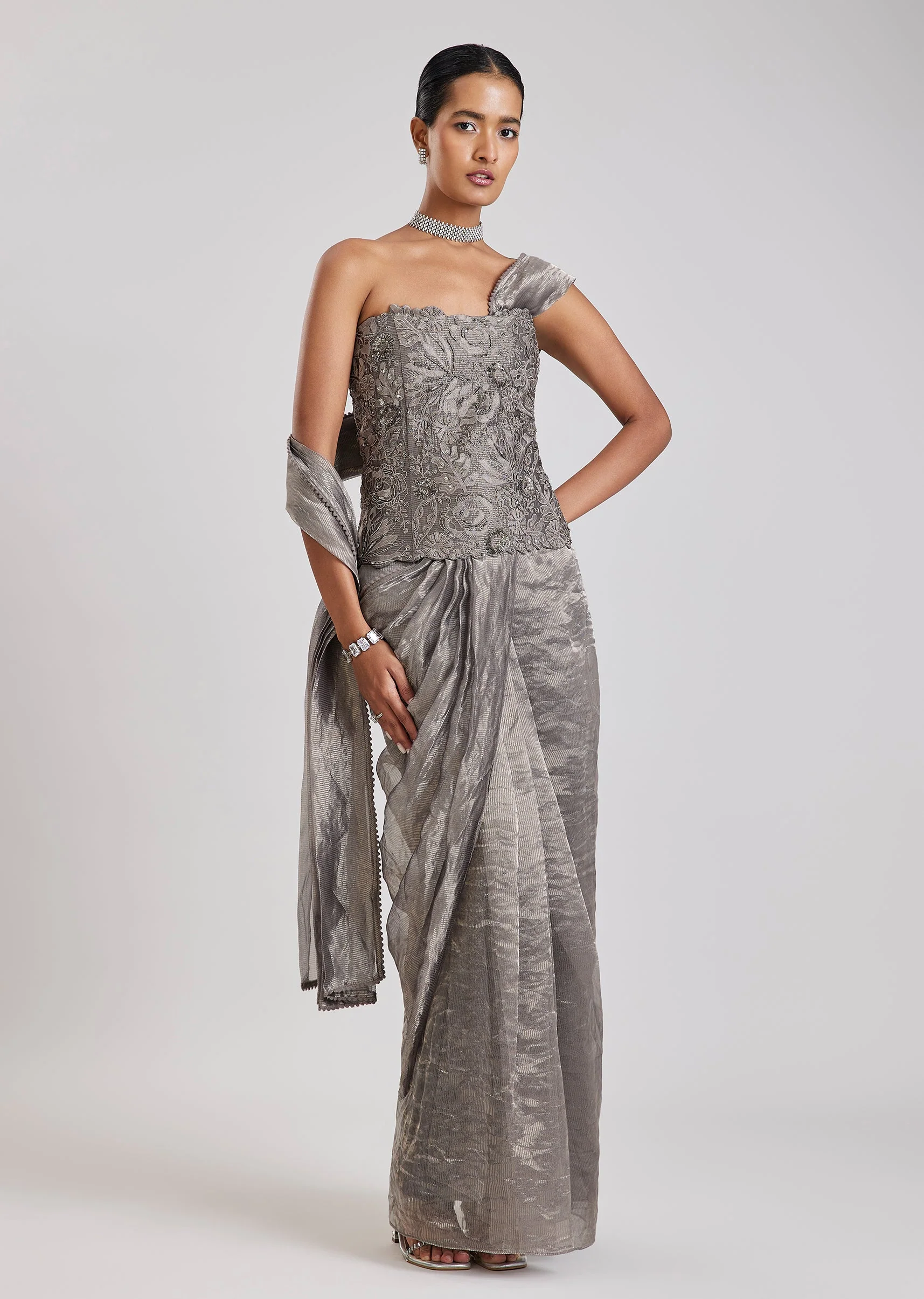 Grey Ready Pleated Saree With Corset Blouse